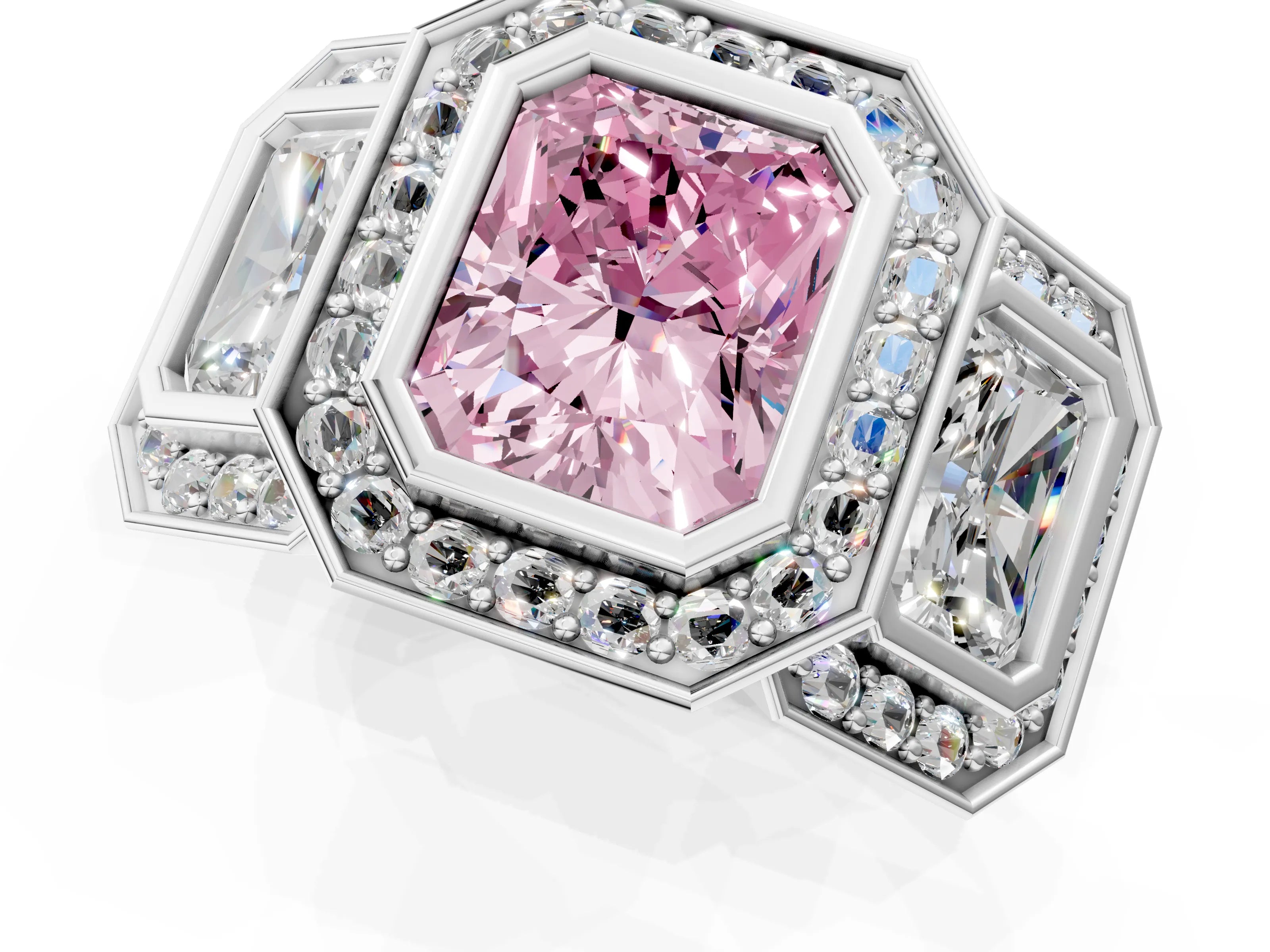 White gold Three-Stone Fancy Pink Radiant Cut Halo Pavé Diamond Ring_1