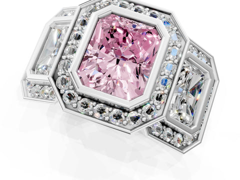 White gold Three-Stone Fancy Pink Radiant Cut Halo Pavé Diamond Ring_1