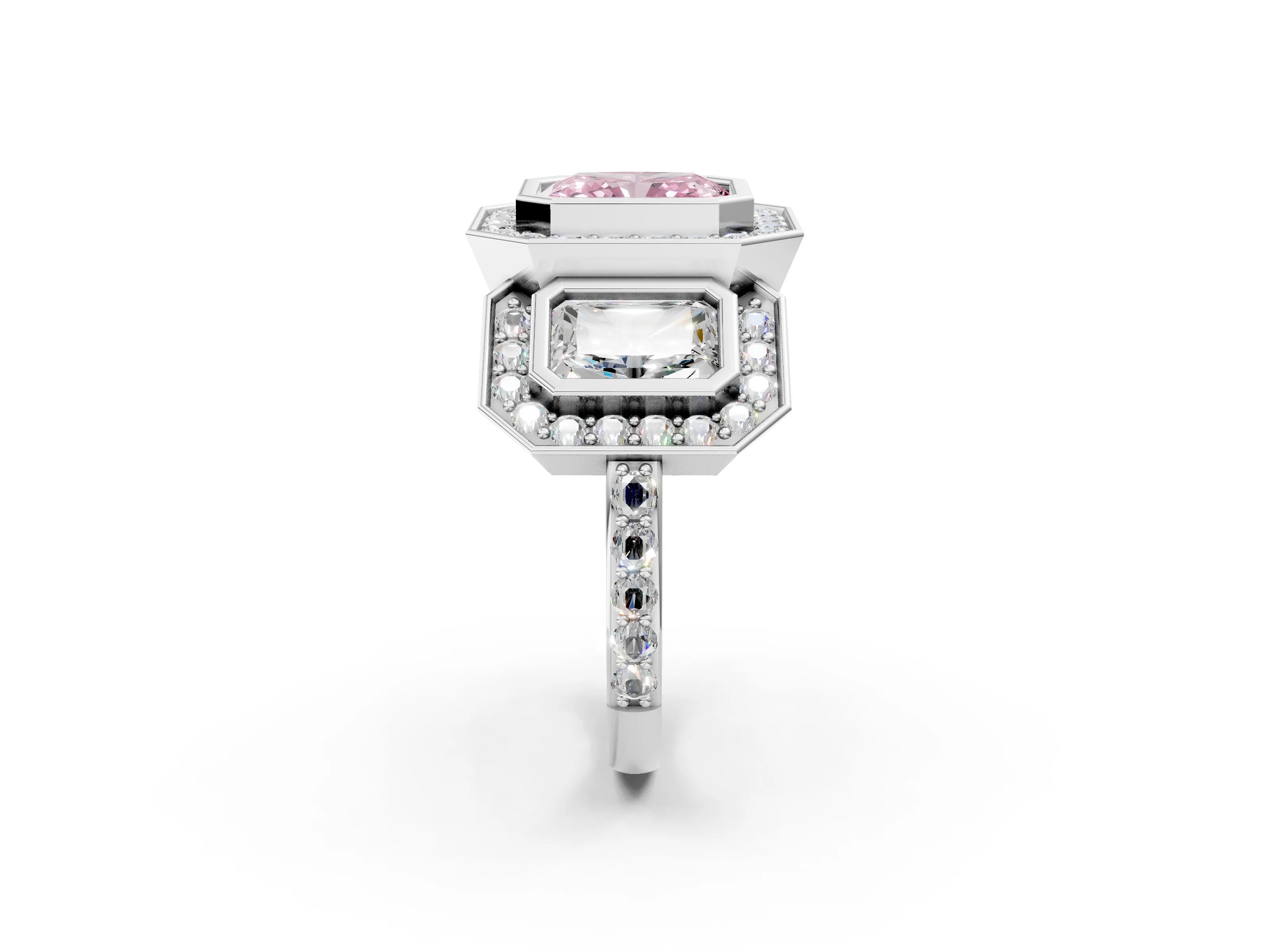 White gold Three-Stone Fancy Pink Radiant Cut Halo Pavé Diamond Ring_2