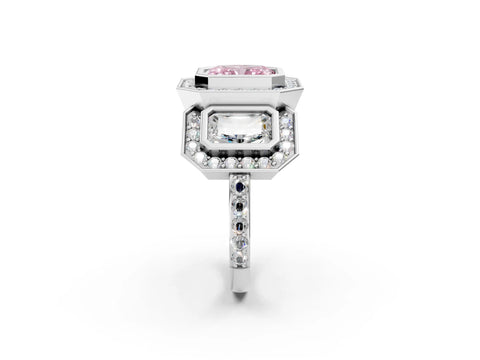 White gold Three-Stone Fancy Pink Radiant Cut Halo Pavé Diamond Ring_2