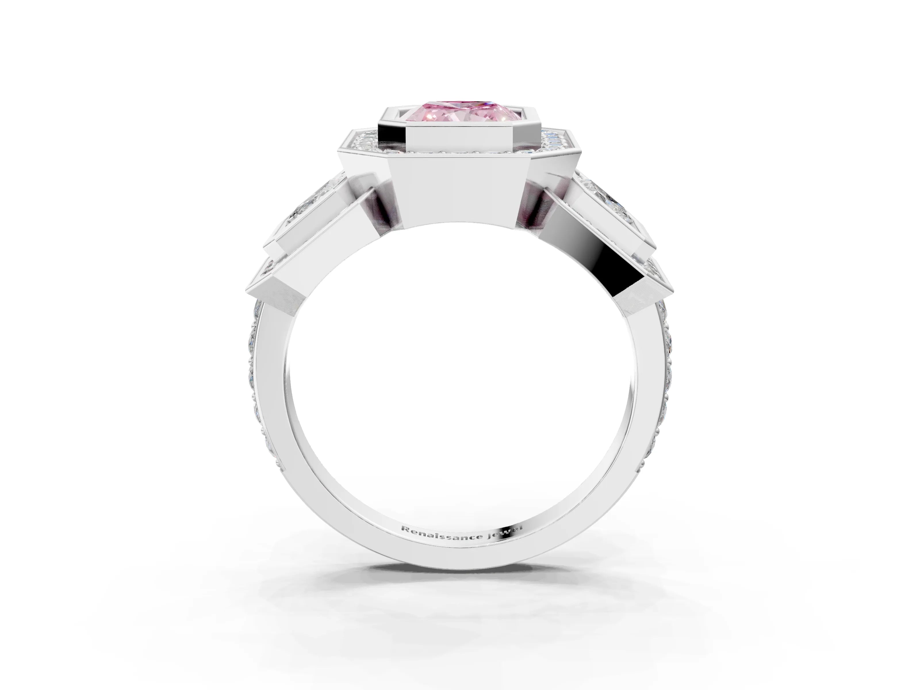 White gold Three-Stone Fancy Pink Radiant Cut Halo Pavé Diamond Ring_3