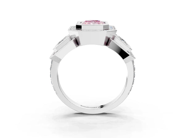 Platinum Radiant Cut Bezel Three Stone Halo Engagement Ring Setting for Fancy Pink Center
