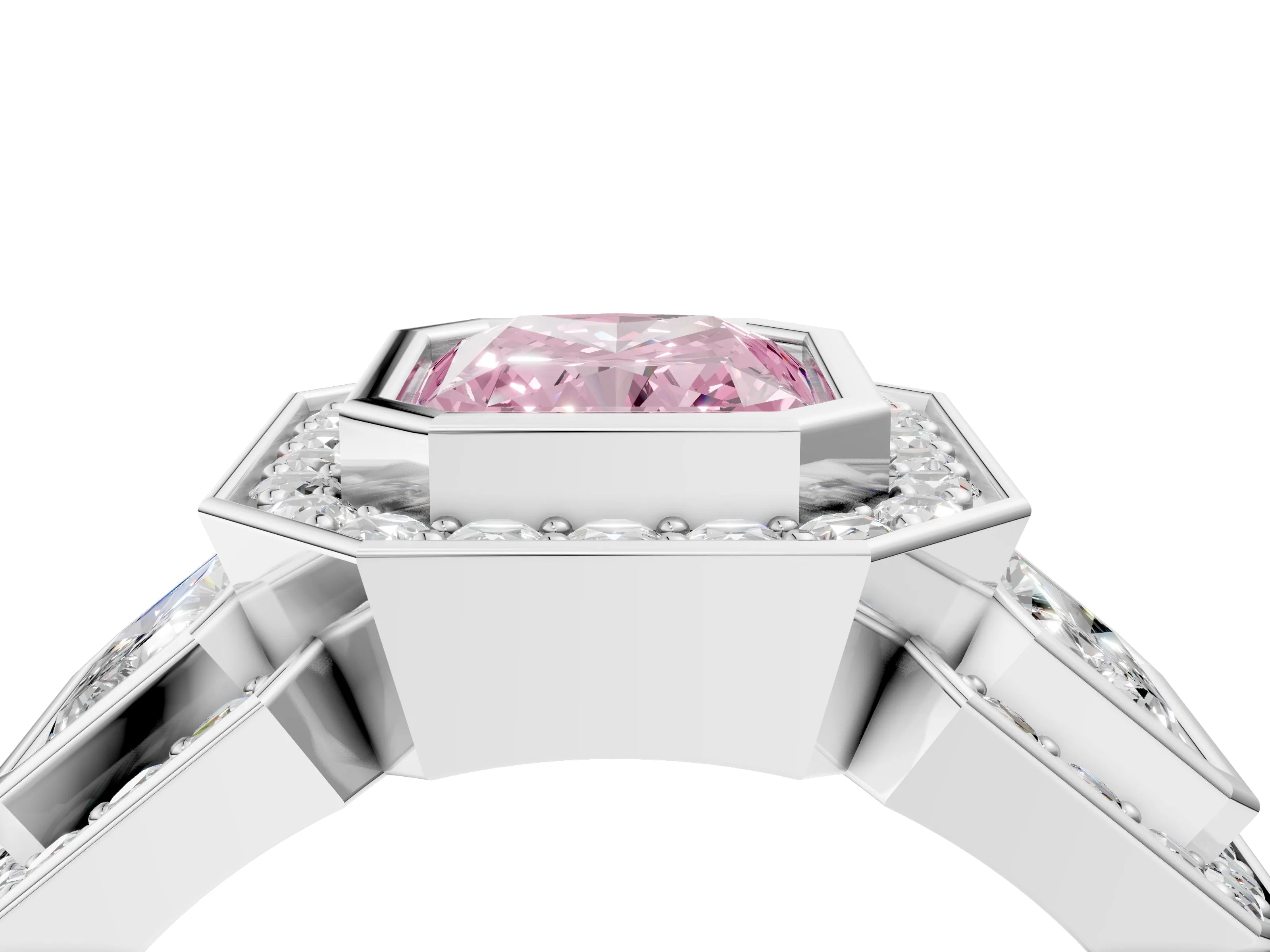 White gold Three-Stone Fancy Pink Radiant Cut Halo Pavé Diamond Ring_4