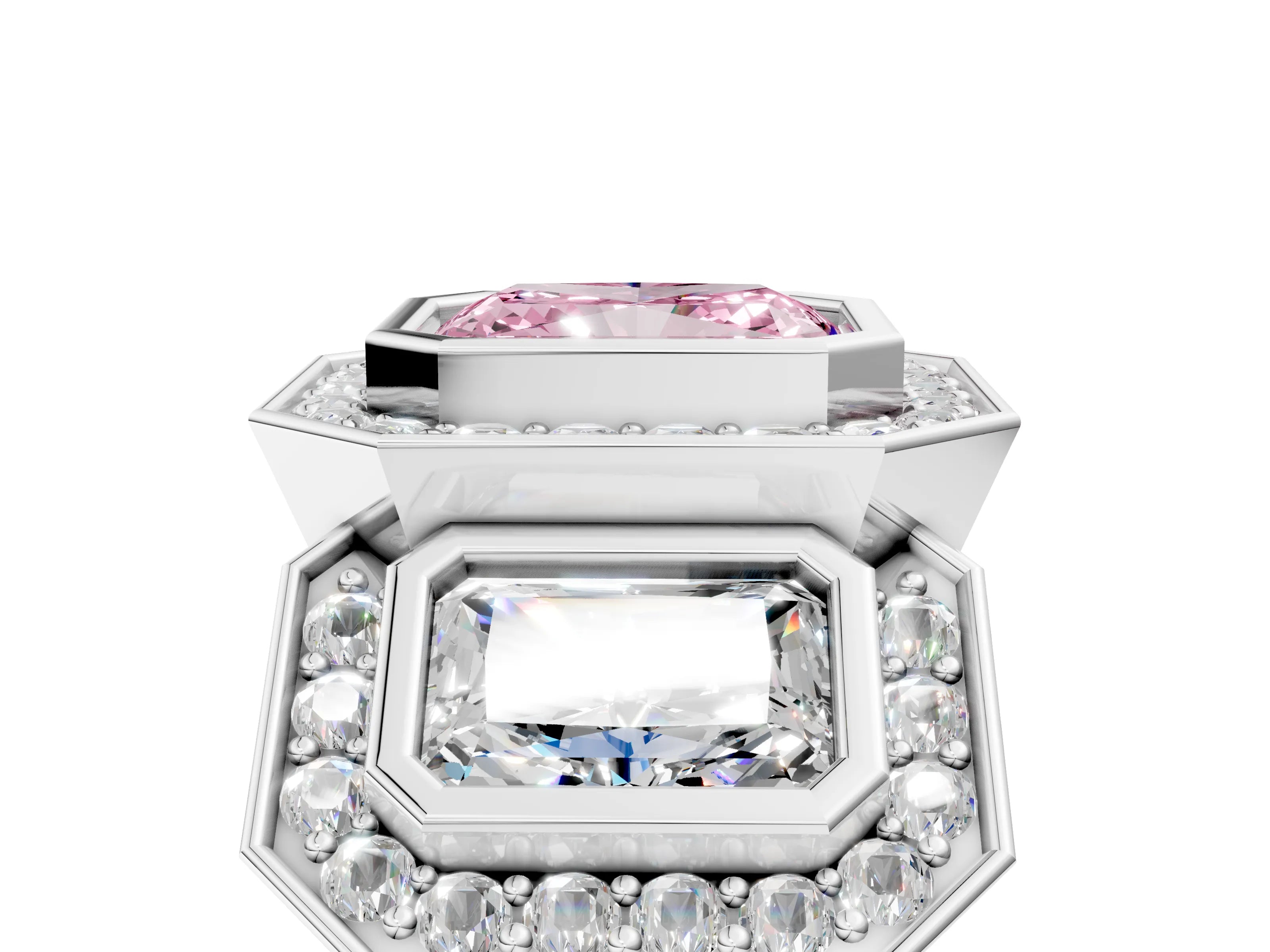 White gold Three-Stone Fancy Pink Radiant Cut Halo Pavé Diamond Ring_5