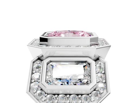 White gold Three-Stone Fancy Pink Radiant Cut Halo Pavé Diamond Ring_5