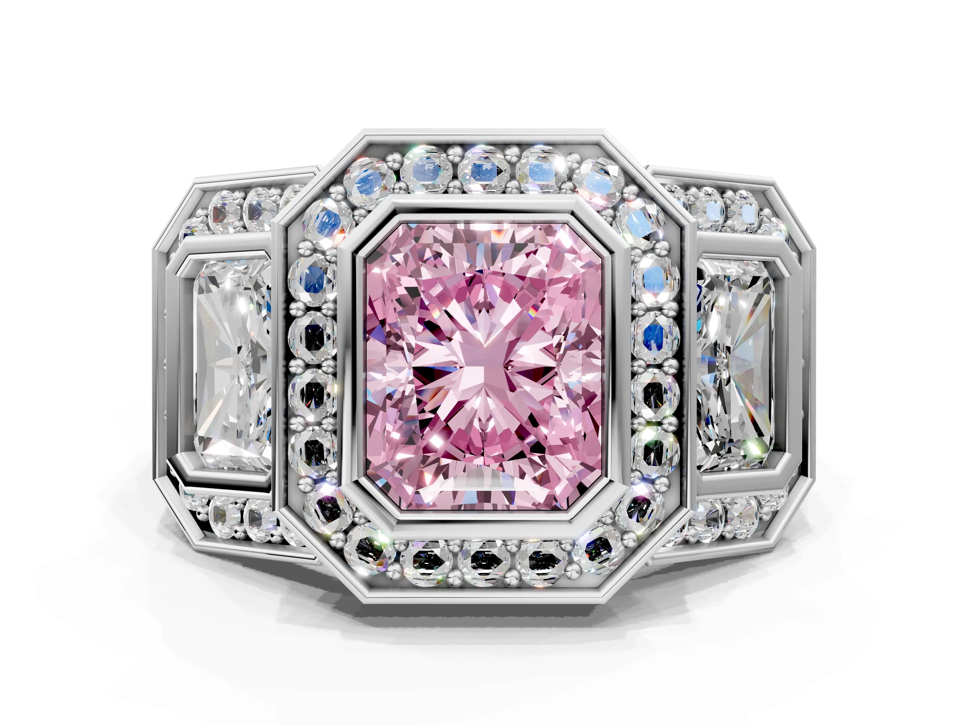 White gold Three-Stone Fancy Pink Radiant Cut Halo Pavé Diamond Ring
