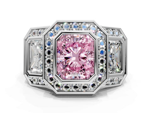 White gold Three-Stone Fancy Pink Radiant Cut Halo Pavé Diamond Ring