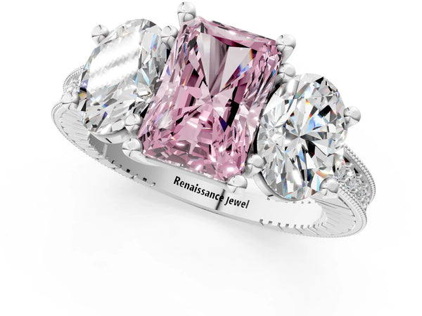 White gold Three-Stone Fancy Pink Radiant  Diamond Milgrain Pave Band with Prong Setting