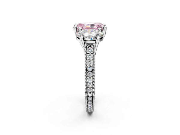 White gold Three-Stone Fancy Pink Radiant  Diamond Milgrain Pave Band with Prong Setting