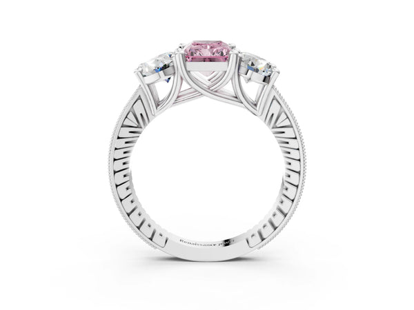 White gold Three-Stone Fancy Pink Radiant  Diamond Milgrain Pave Band with Prong Setting