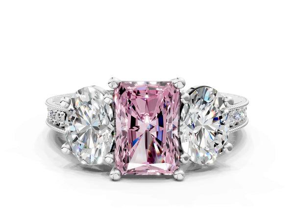 White gold Three-Stone Fancy Pink Radiant  Diamond Milgrain Pave Band with Prong Setting