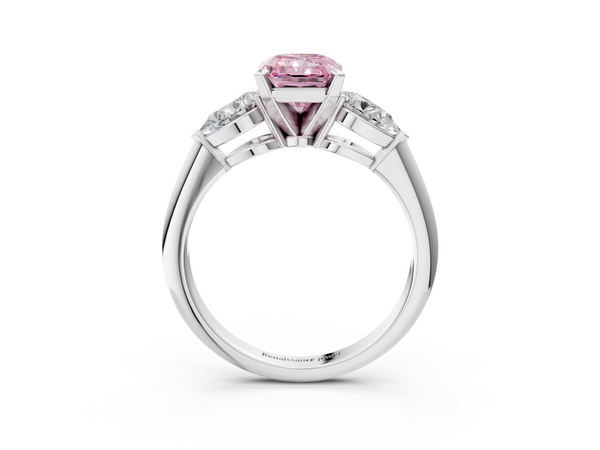 Platinum Three-Stone Fancy Pink Radiant Cut Diamond Ring with Pear Side Stones and Four-Prong Setting