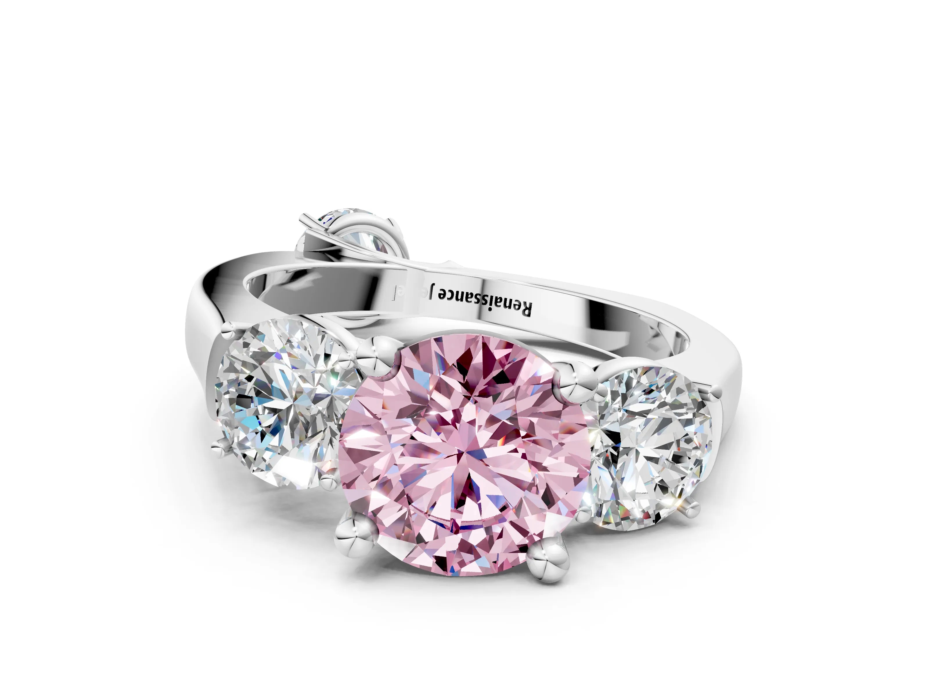 White gold Three-Stone Fancy Pink Round Cut Brilliant Diamond Trellis Ring with Comfort Fit Band_12
