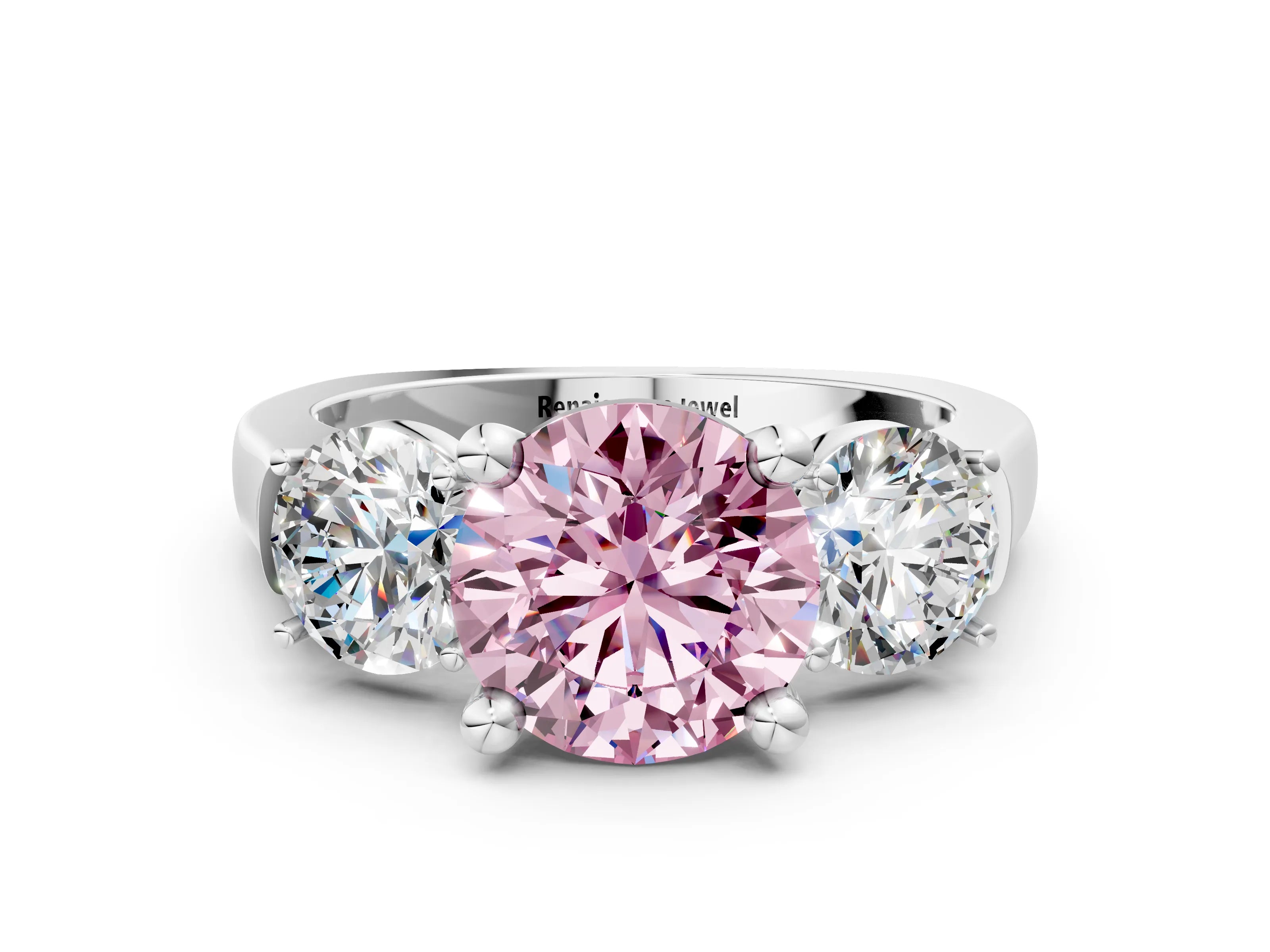 White gold Three-Stone Fancy Pink Round Cut Brilliant Diamond Trellis Ring with Comfort Fit Band_12