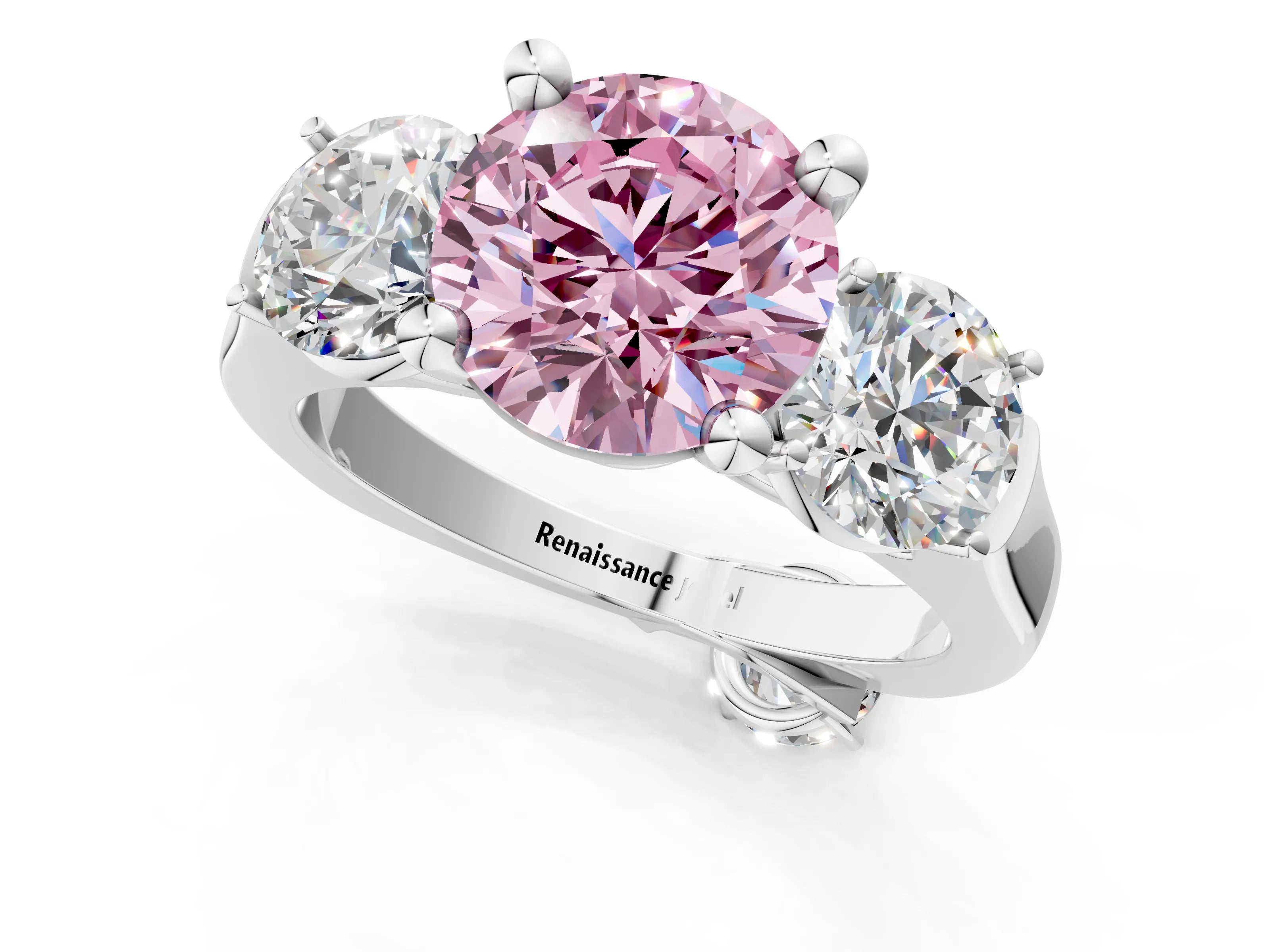 White gold Three-Stone Fancy Pink Round Cut Brilliant Diamond Trellis Ring with Comfort Fit Band_13