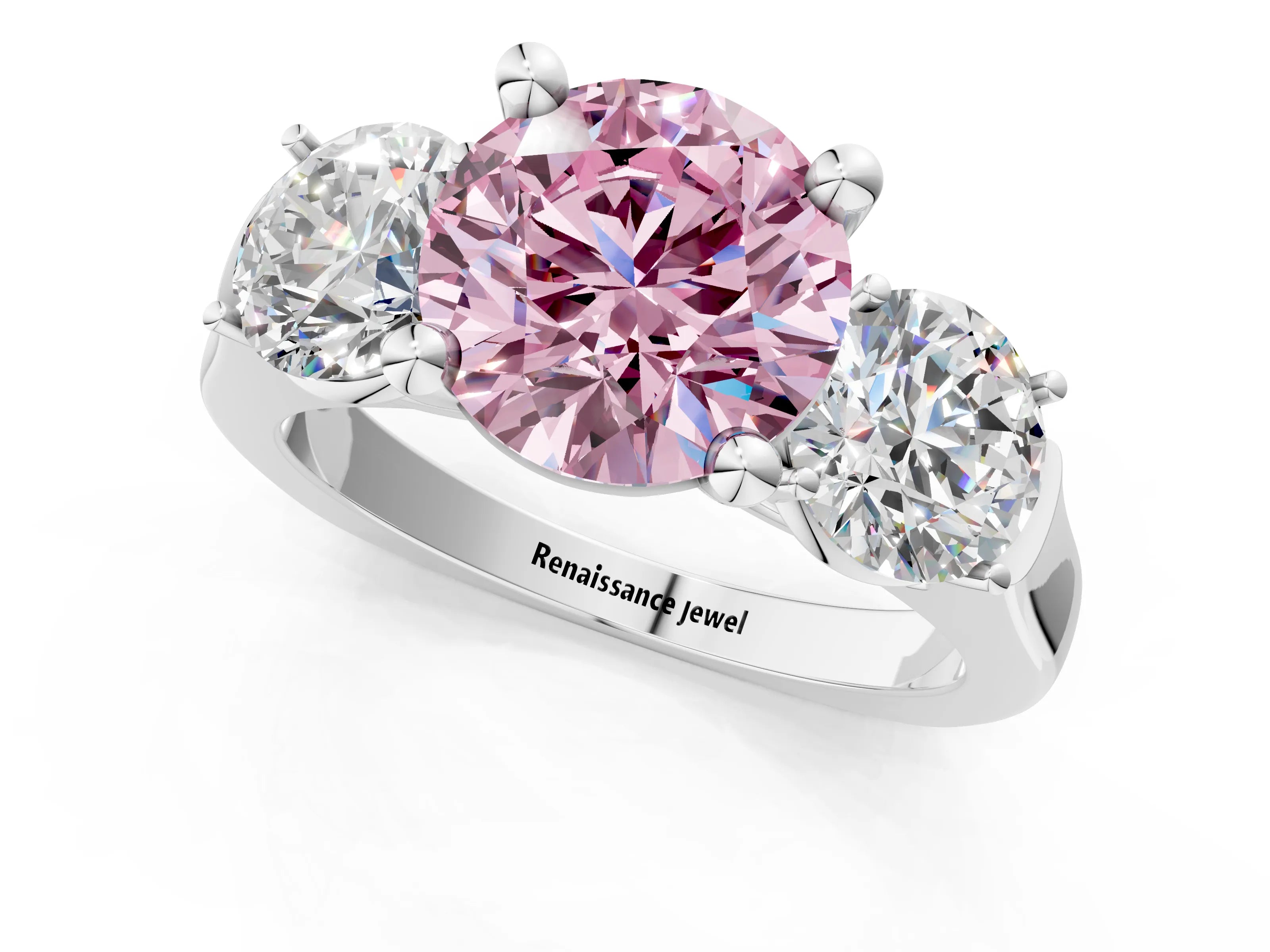 White gold Three-Stone Fancy Pink Round Cut Brilliant Diamond Trellis Ring with Comfort Fit Band_13