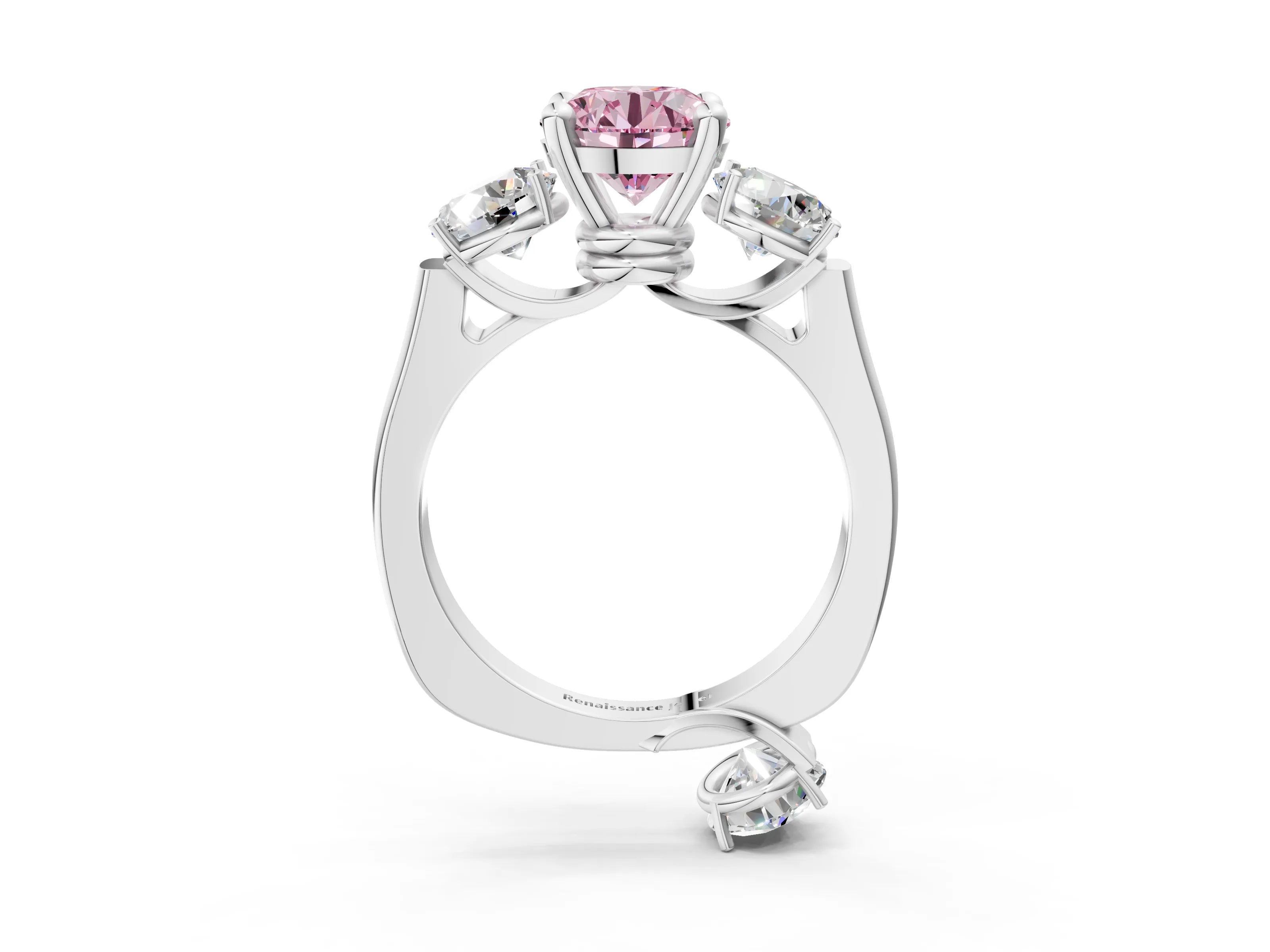 White gold Three-Stone Fancy Pink Round Cut Brilliant Diamond Trellis Ring with Comfort Fit Band_15