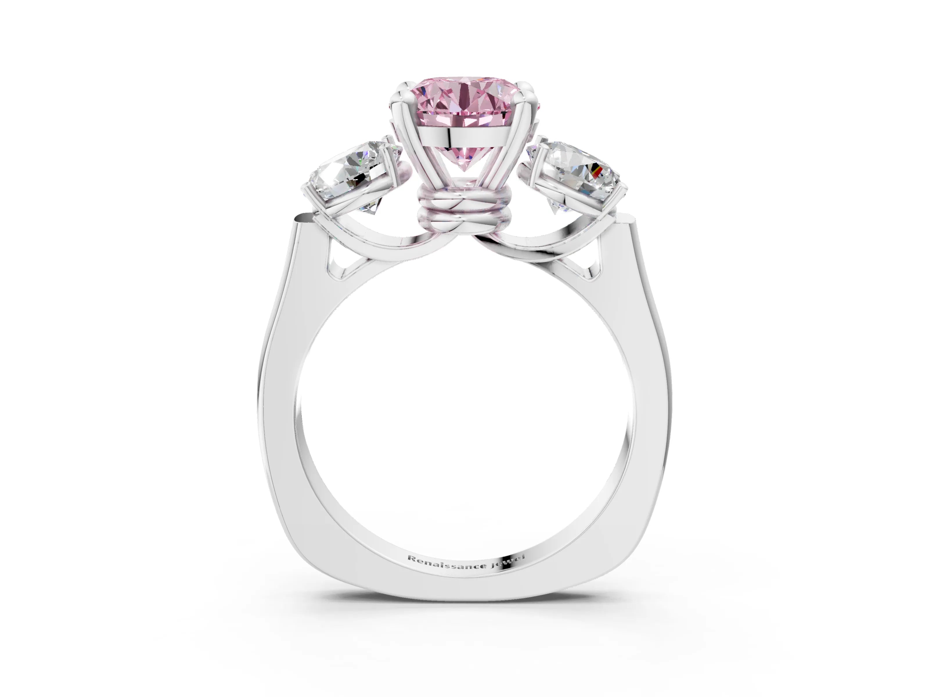 White gold Three-Stone Fancy Pink Round Cut Brilliant Diamond Trellis Ring with Comfort Fit Band_15