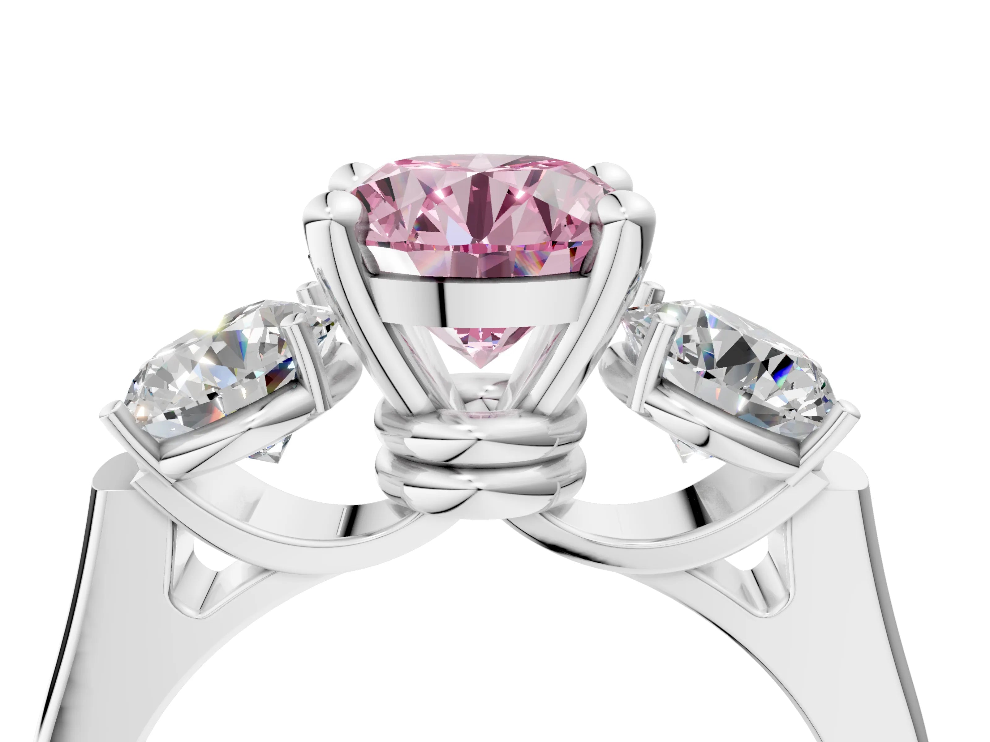 White gold Three-Stone Fancy Pink Round Cut Brilliant Diamond Trellis Ring with Comfort Fit Band_16
