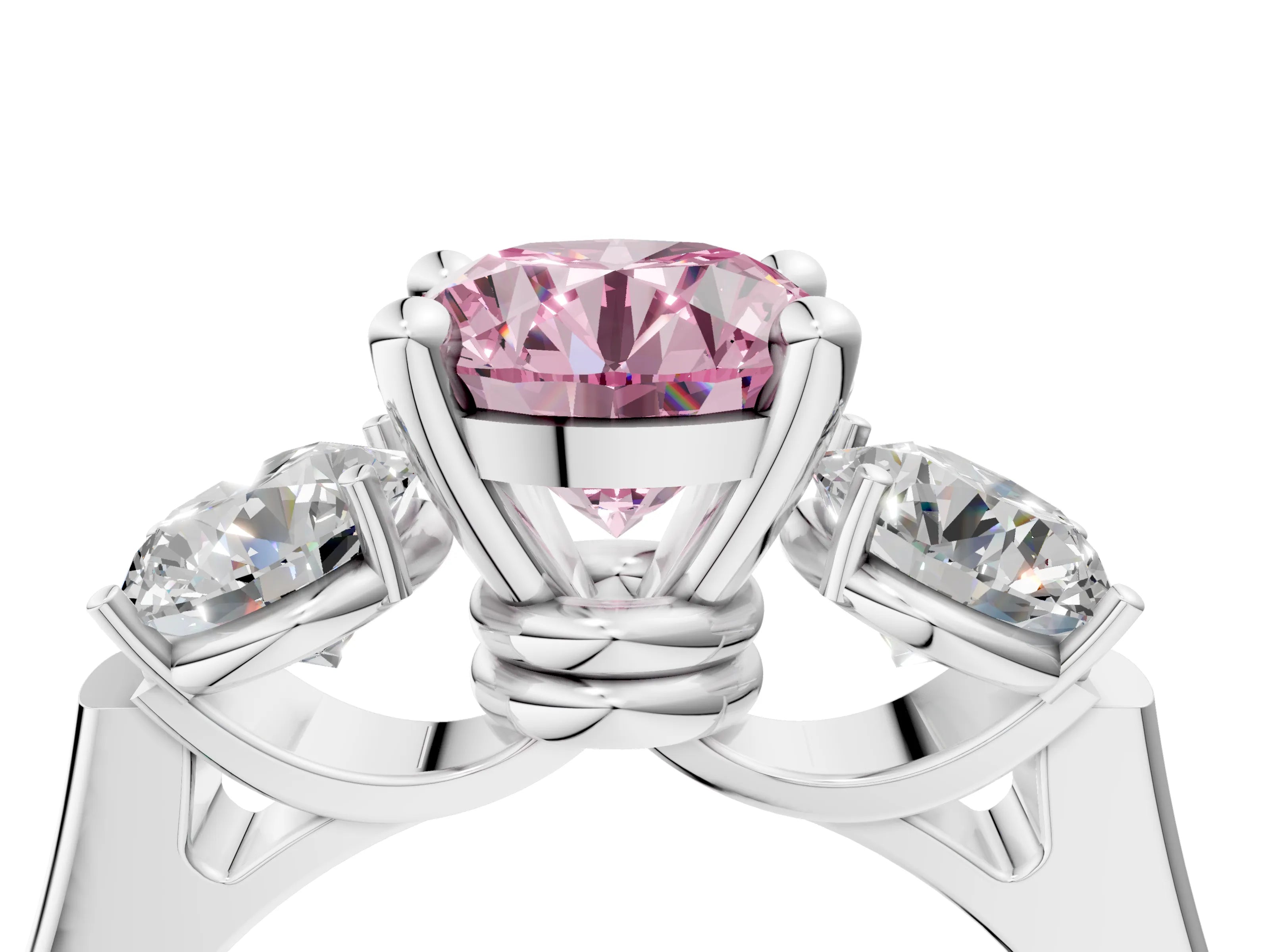 White gold Three-Stone Fancy Pink Round Cut Brilliant Diamond Trellis Ring with Comfort Fit Band_16