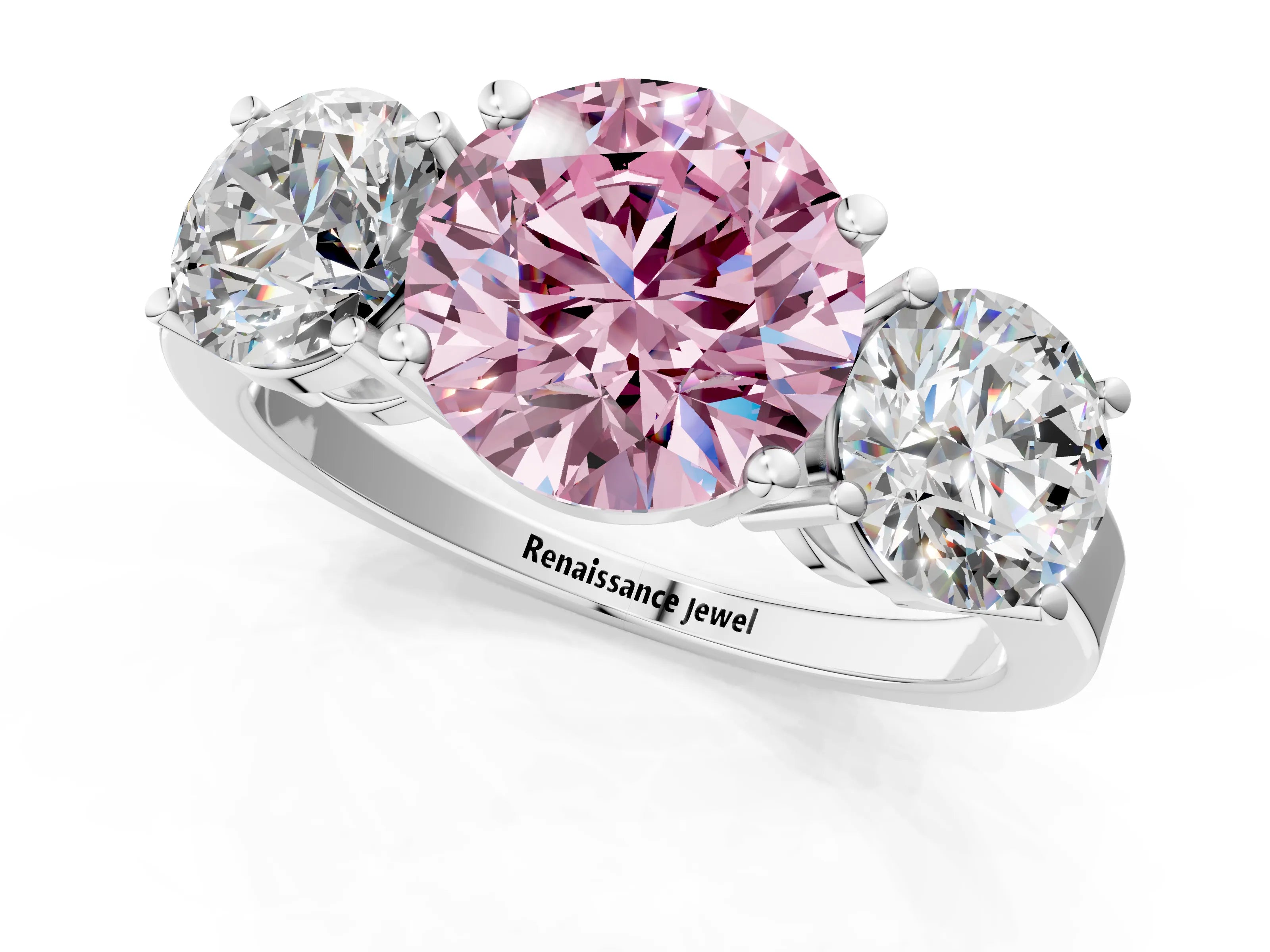 White gold Three-Stone Fancy Pink Round Cut Cut Diamond Engagement Ring with Flat Band and Four-Prong Setting_1