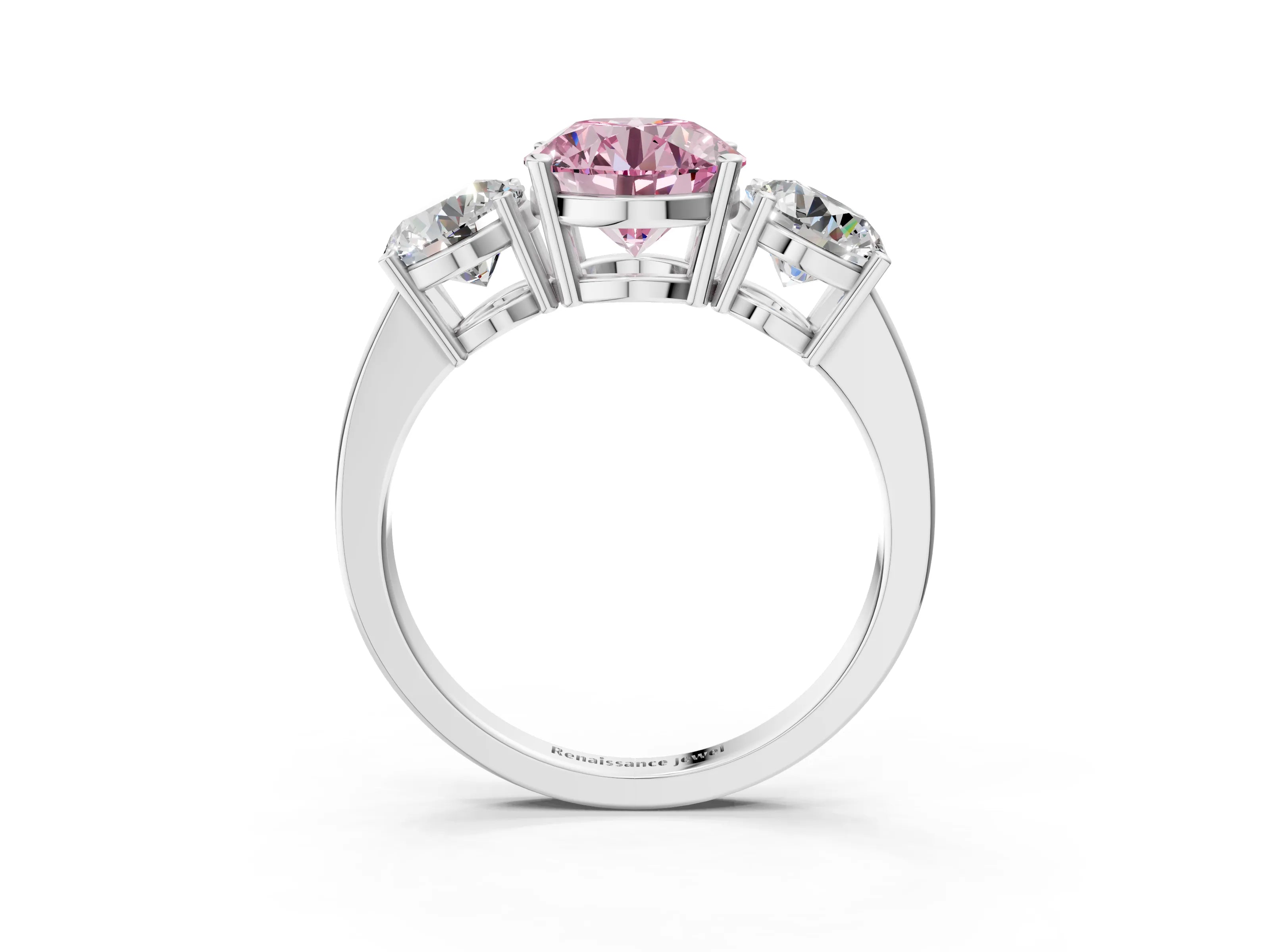 White gold Three-Stone Fancy Pink Round Cut Cut Diamond Engagement Ring with Flat Band and Four-Prong Setting_3