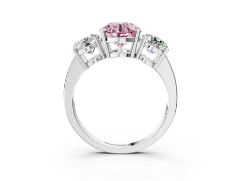 White gold Three-Stone Fancy Pink Round Cut Cut Diamond Engagement Ring with Flat Band and Four-Prong Setting_3