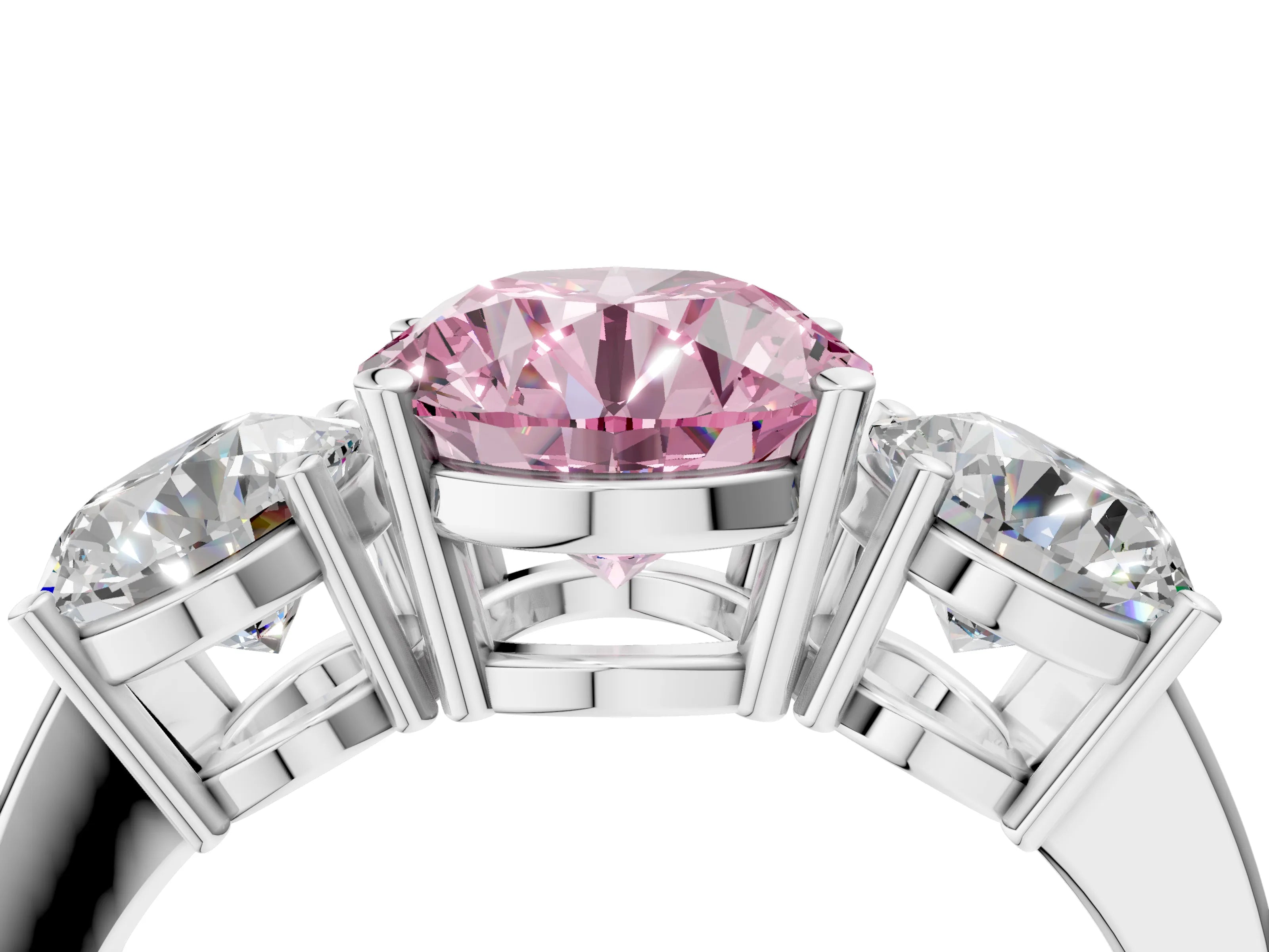 White gold Three-Stone Fancy Pink Round Cut Cut Diamond Engagement Ring with Flat Band and Four-Prong Setting_4