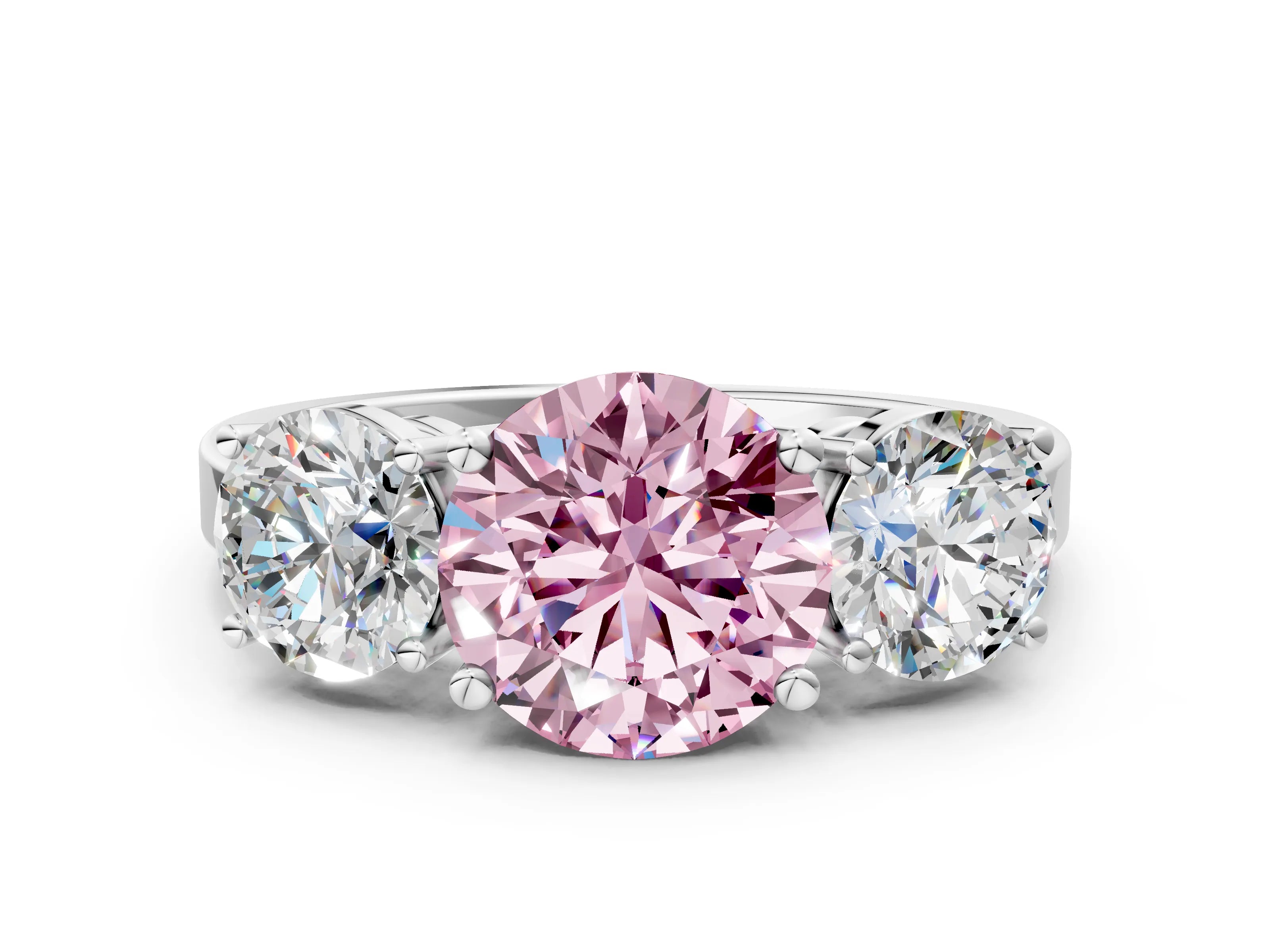 White gold Three-Stone Fancy Pink Round Cut Cut Diamond Engagement Ring with Flat Band and Four-Prong Setting