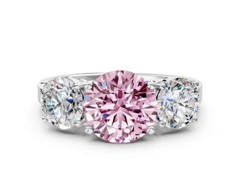 White gold Three-Stone Fancy Pink Round Cut Cut Diamond Engagement Ring with Flat Band and Four-Prong Setting