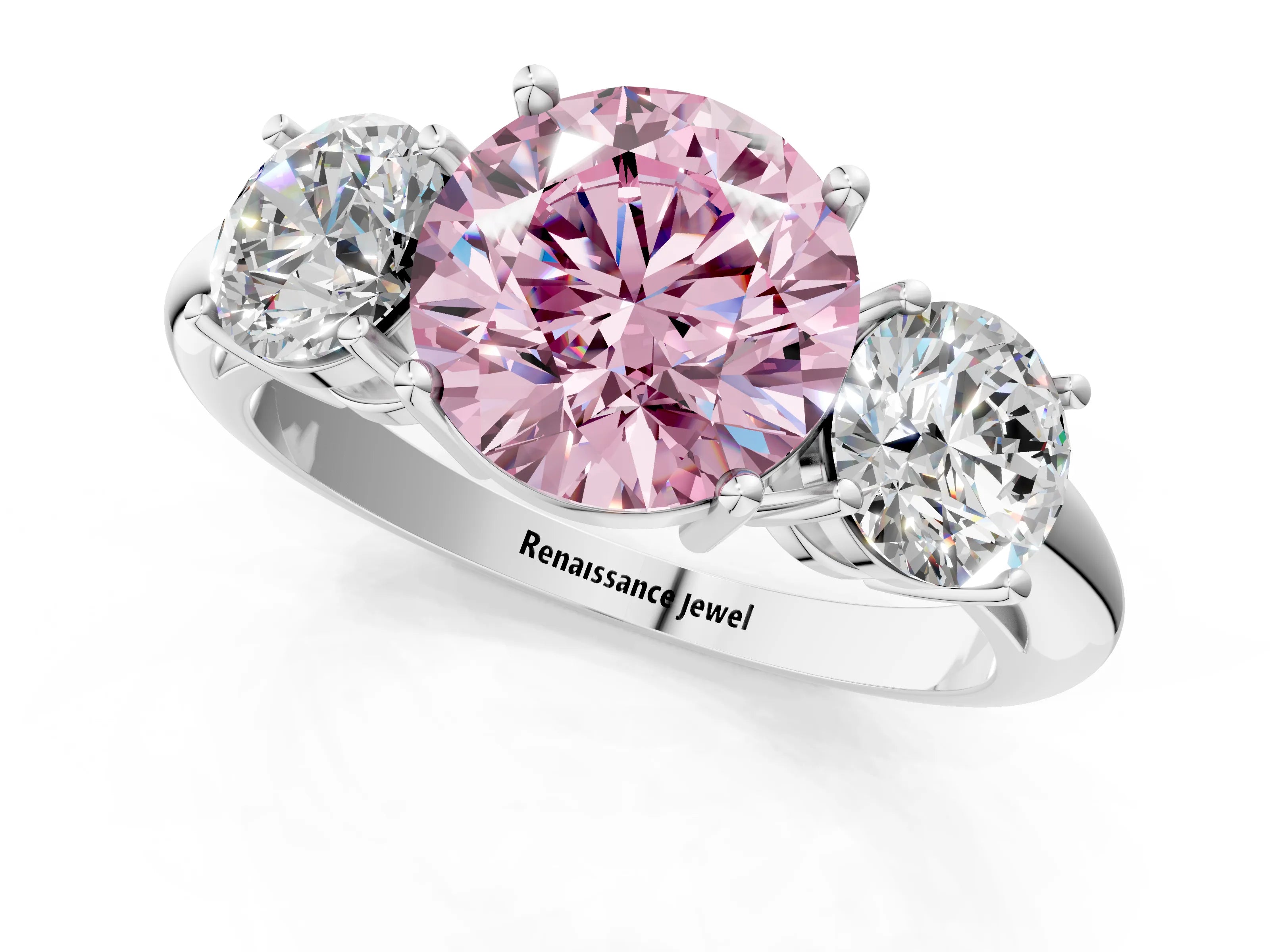 White gold Three-Stone Fancy Pink Round Cut Cut Diamond Engagement Ring with Prong Setting on a White Gold Band_13