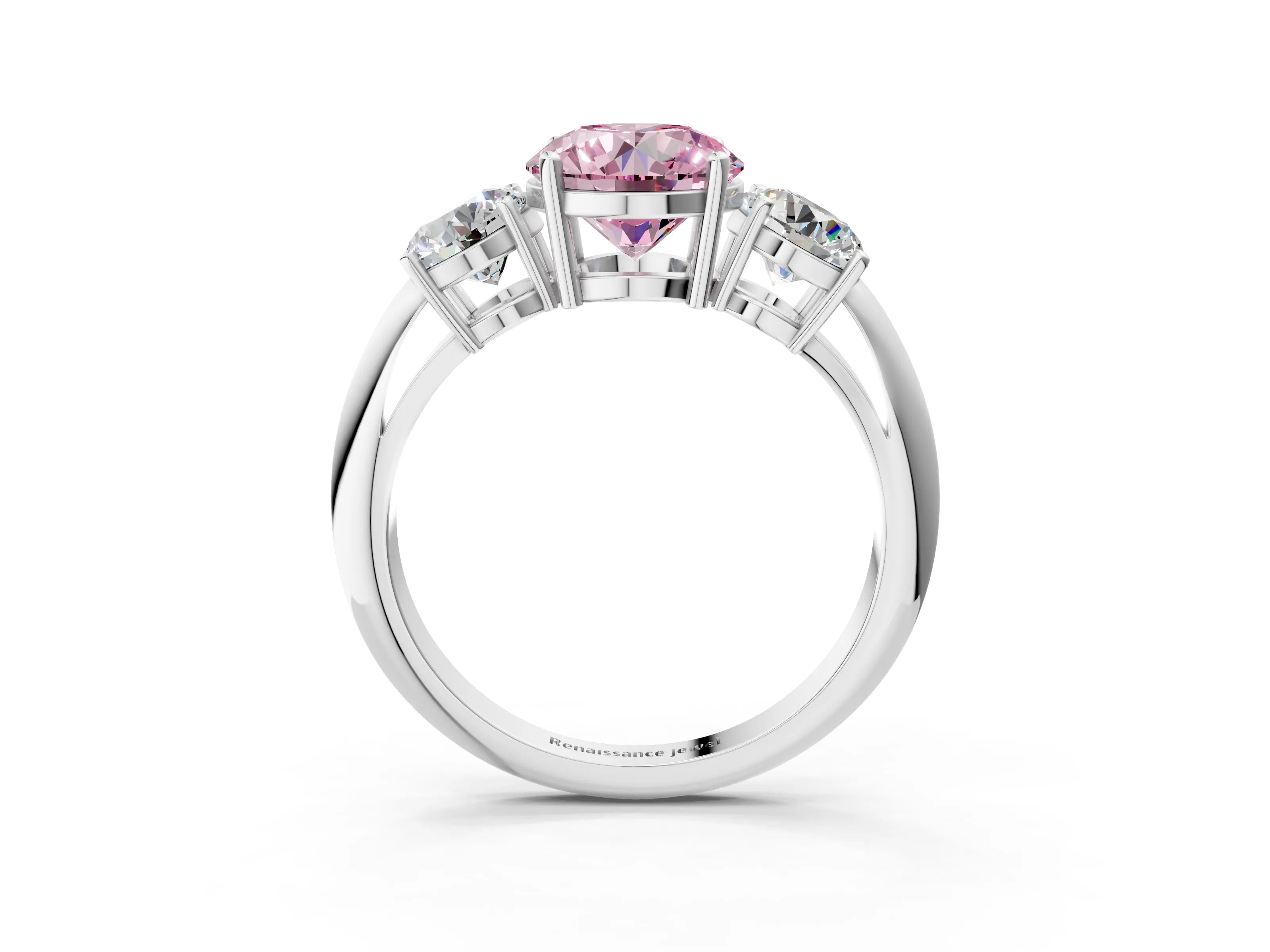 White gold Three-Stone Fancy Pink Round Cut Cut Diamond Engagement Ring with Prong Setting on a White Gold Band_15