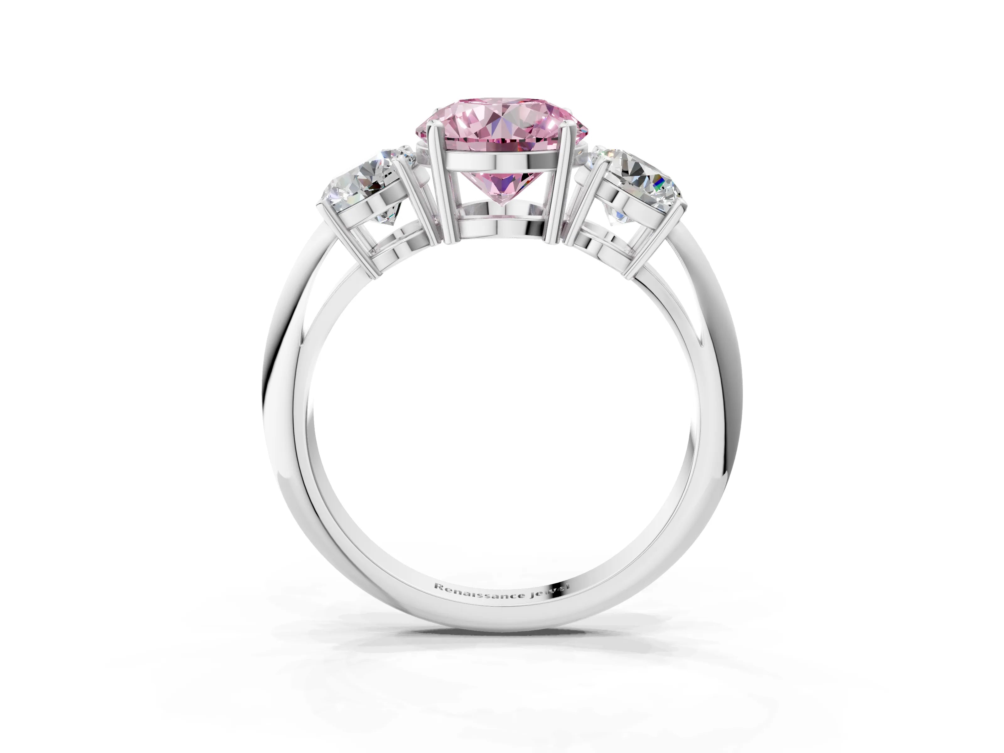 White gold Three-Stone Fancy Pink Round Cut Cut Diamond Engagement Ring with Prong Setting on a White Gold Band_15