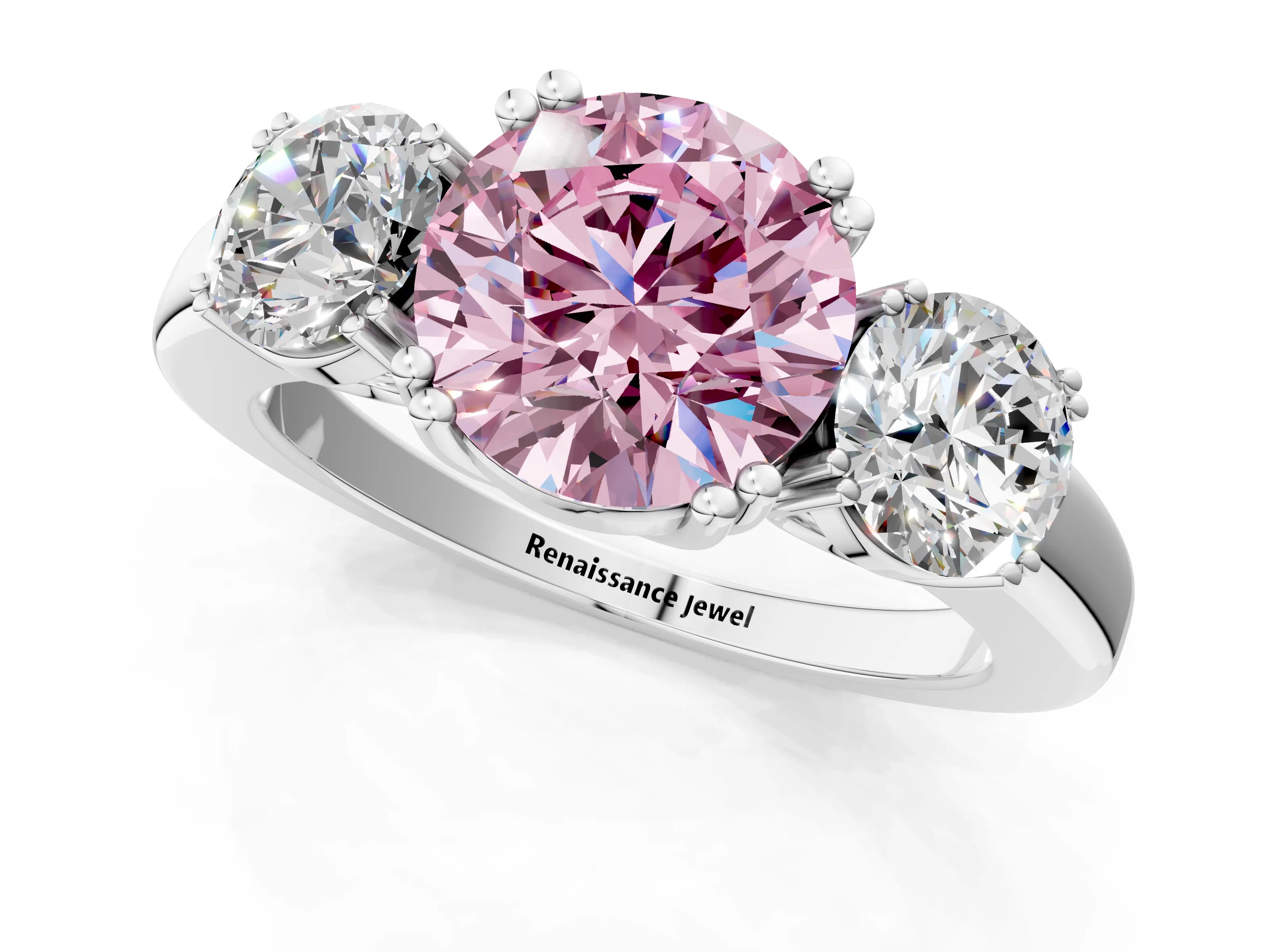 White gold Three-Stone Fancy Pink Round Cut Cut Diamond Ring with Channel Set Band and Four-Prong Setting_1