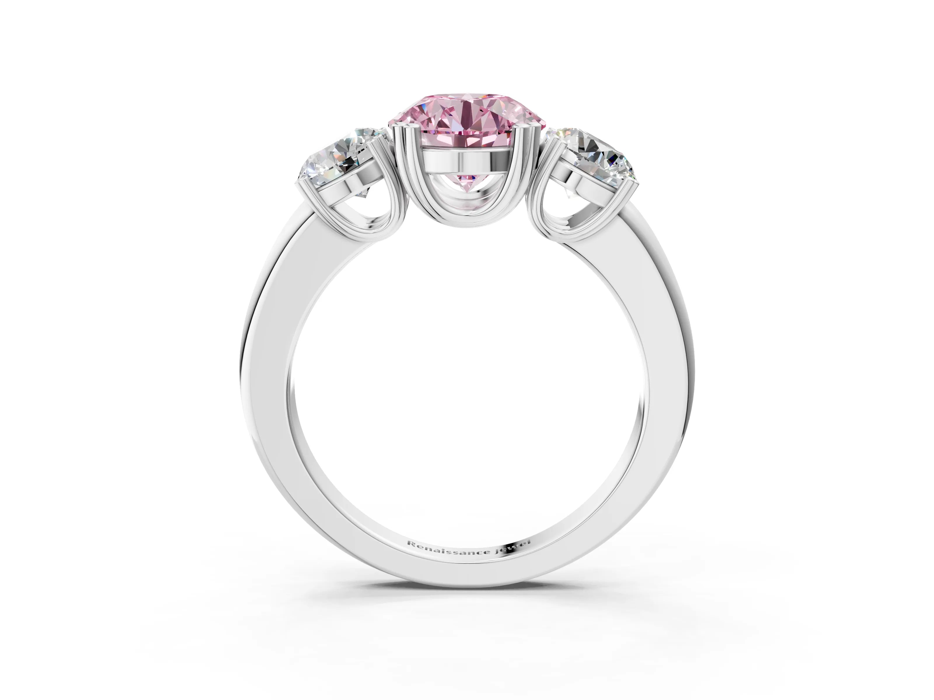 White gold Three-Stone Fancy Pink Round Cut Cut Diamond Ring with Channel Set Band and Four-Prong Setting_3