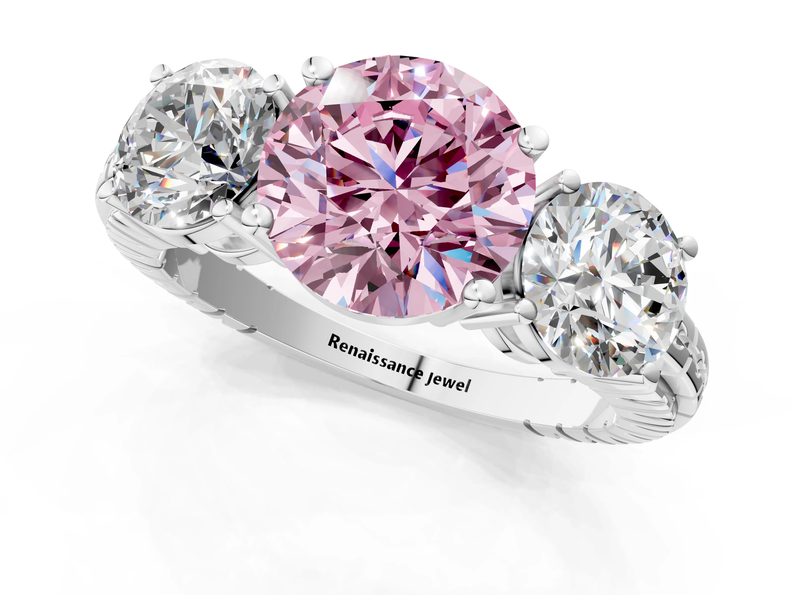 White gold Three-Stone Fancy Pink Round Cut Cut Diamond Ring with Channel-Set Band and Prong Setting_1