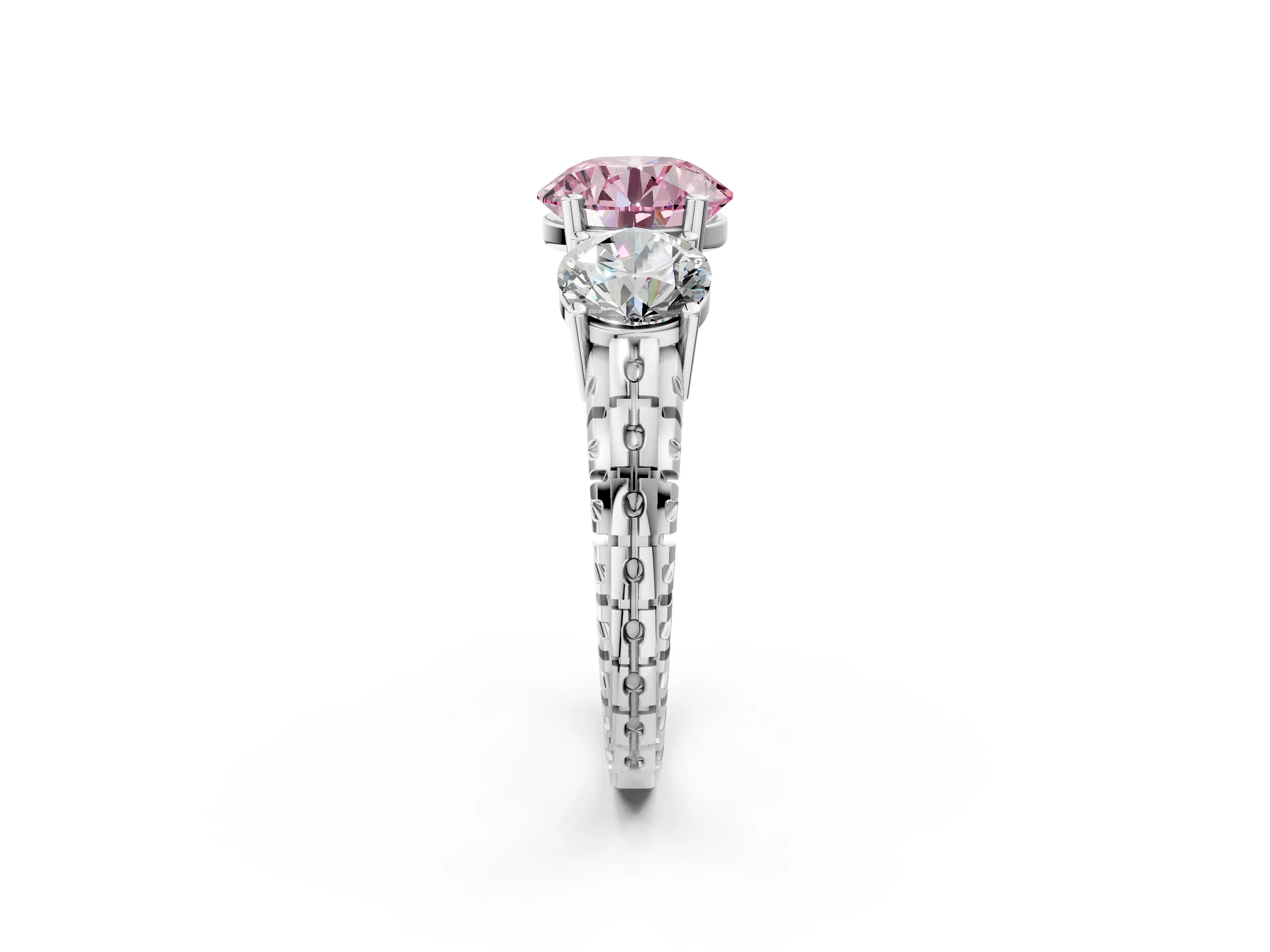 White gold Three-Stone Fancy Pink Round Cut Cut Diamond Ring with Channel-Set Band and Prong Setting_2