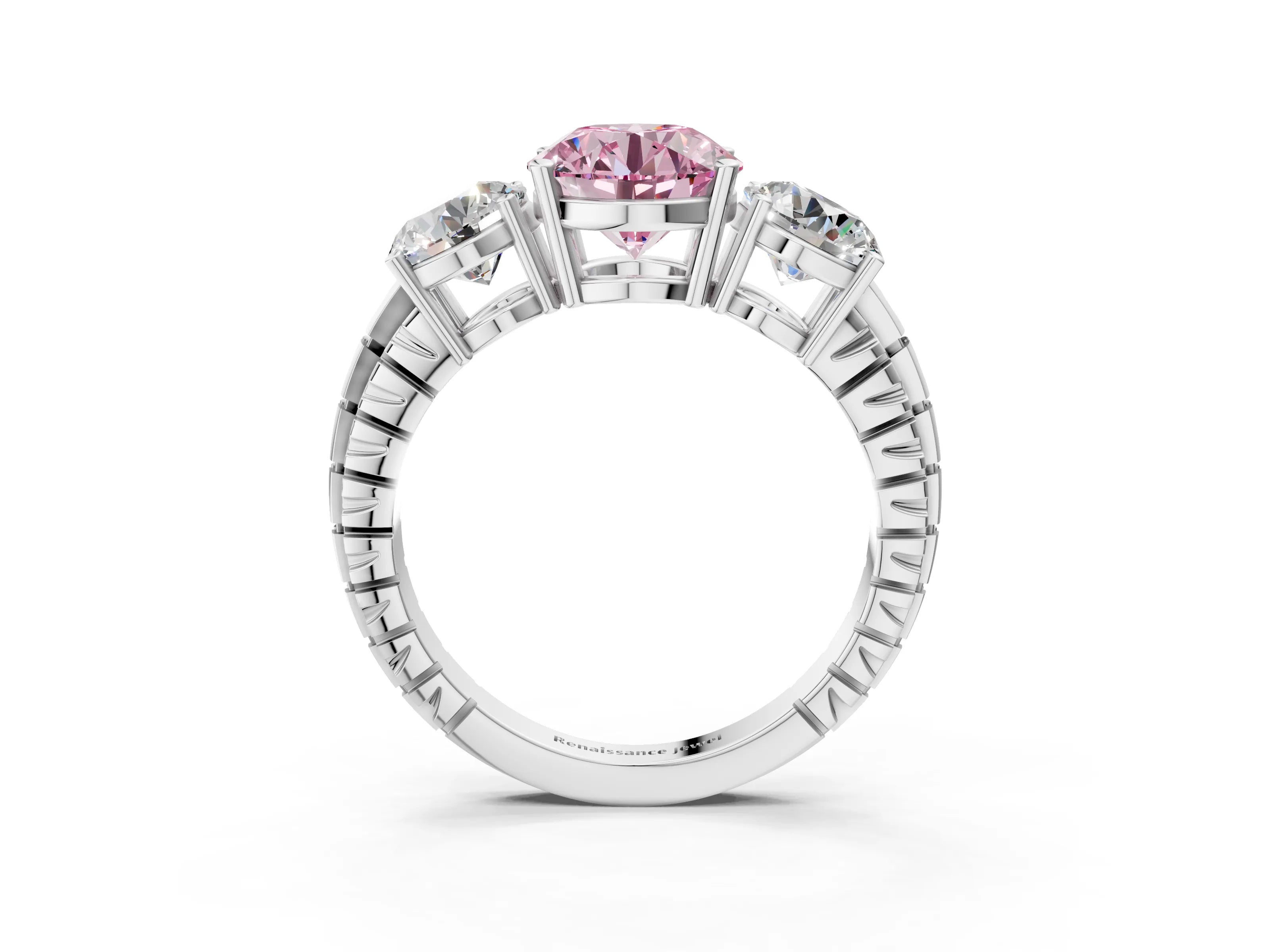 White gold Three-Stone Fancy Pink Round Cut Cut Diamond Ring with Channel-Set Band and Prong Setting_3