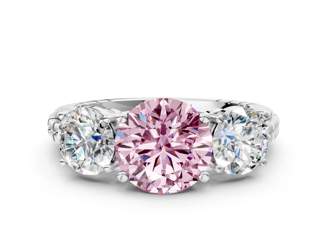 White gold Three-Stone Fancy Pink Round Cut Cut Diamond Ring with Channel-Set Band and Prong Setting