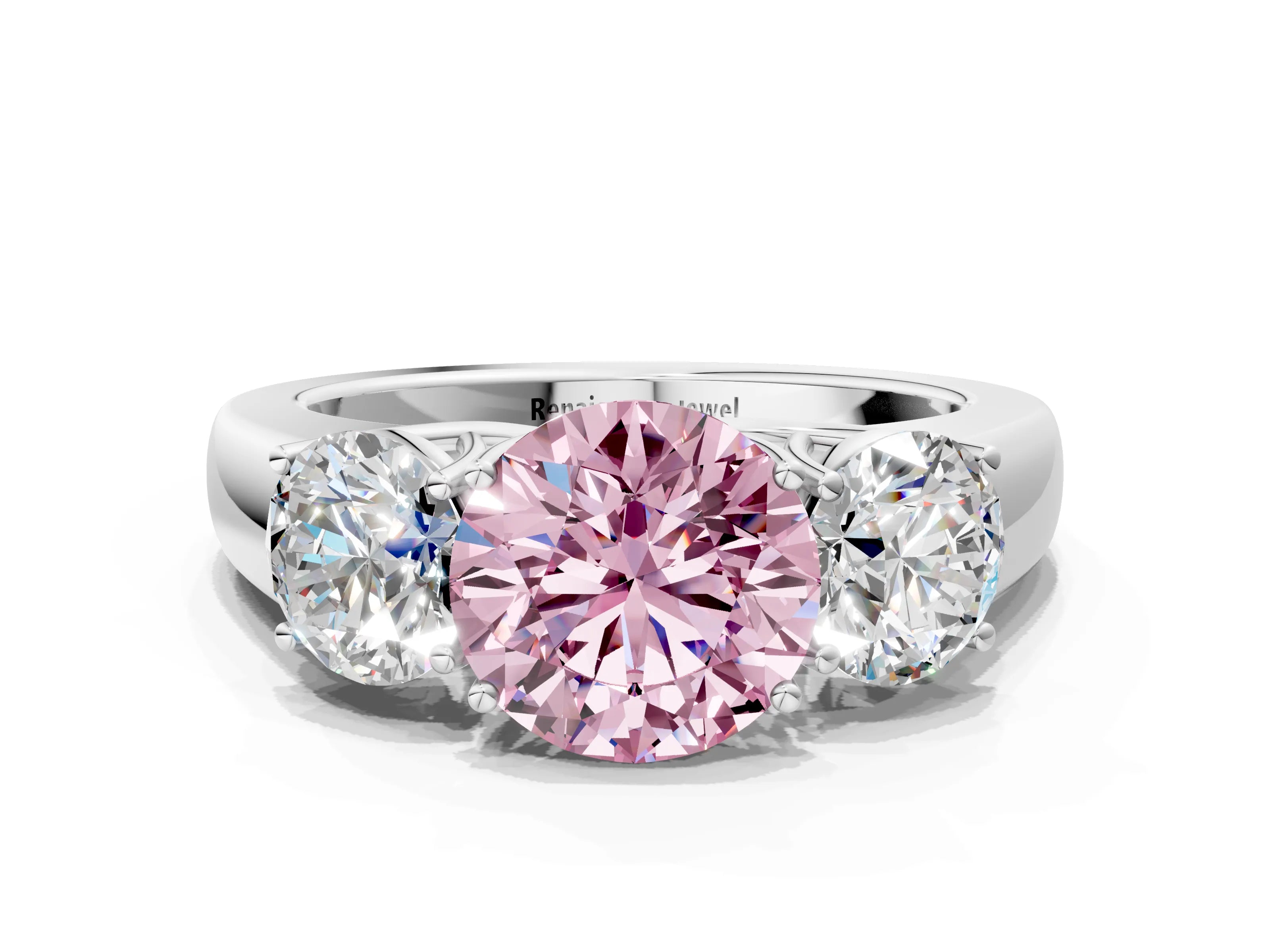 White gold Three-Stone Fancy Pink Round Cut Cut Diamond Ring with Prong Setting and Classic Band