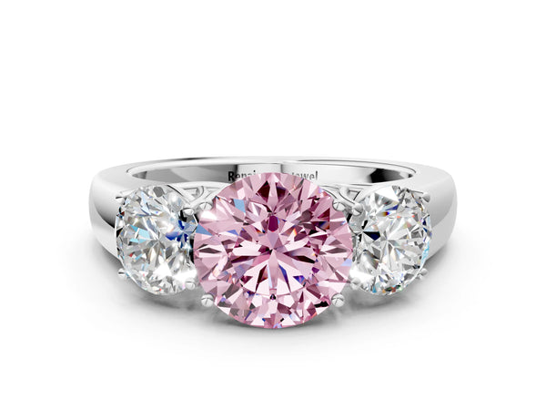 White gold Three-Stone Fancy Pink Round Cut Cut Diamond Ring with Prong Setting and Classic Band