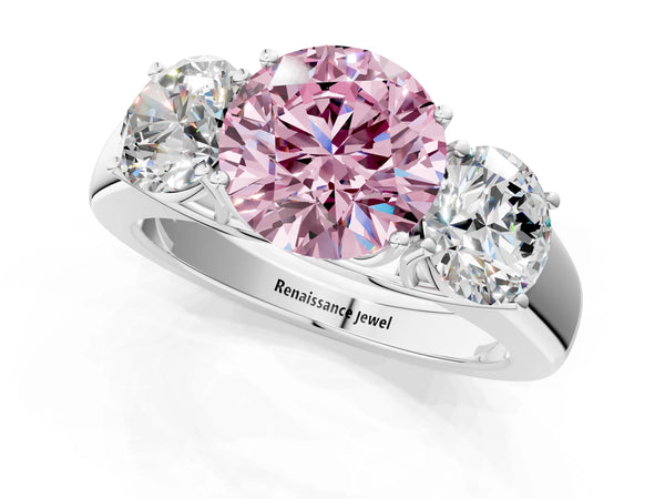 White gold Three-Stone Fancy Pink Round Cut Cut Diamond Ring with Prong Setting and Classic Band