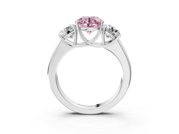 White gold Three-Stone Fancy Pink Round Cut Cut Diamond Ring with Prong Setting and Classic Band