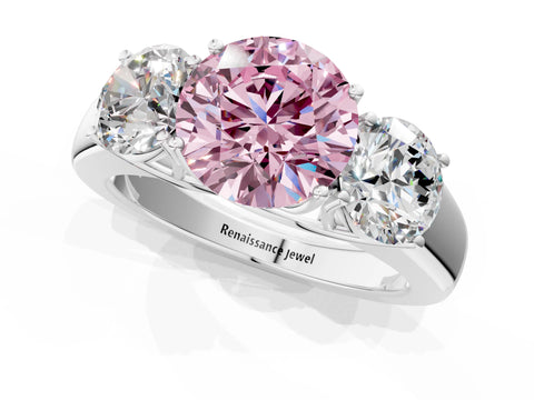 White gold Three-Stone Fancy Pink Round Cut Cut Diamond Ring with Prong Setting and Classic Band_1