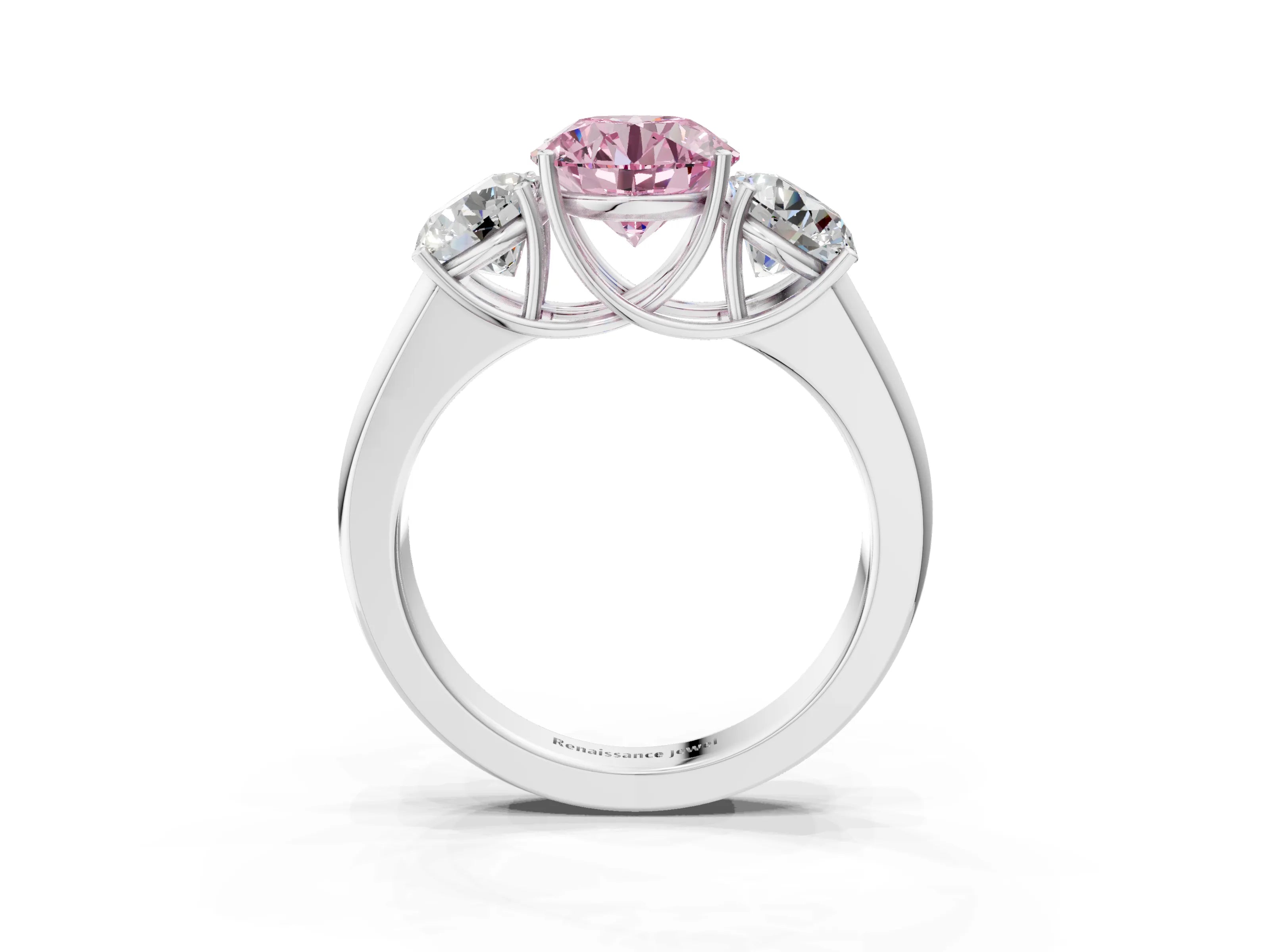 White gold Three-Stone Fancy Pink Round Cut Cut Diamond Ring with Prong Setting and Classic Band_3