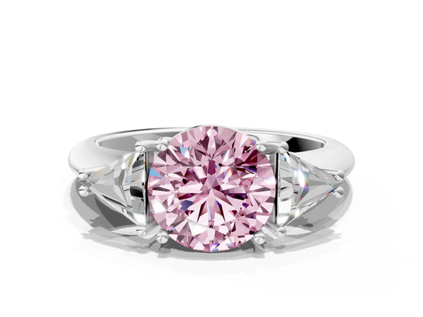 White gold Three-Stone Fancy Pink Round Cut Cut Diamond Ring with Trillion Side Stones and Four-Prong Setting