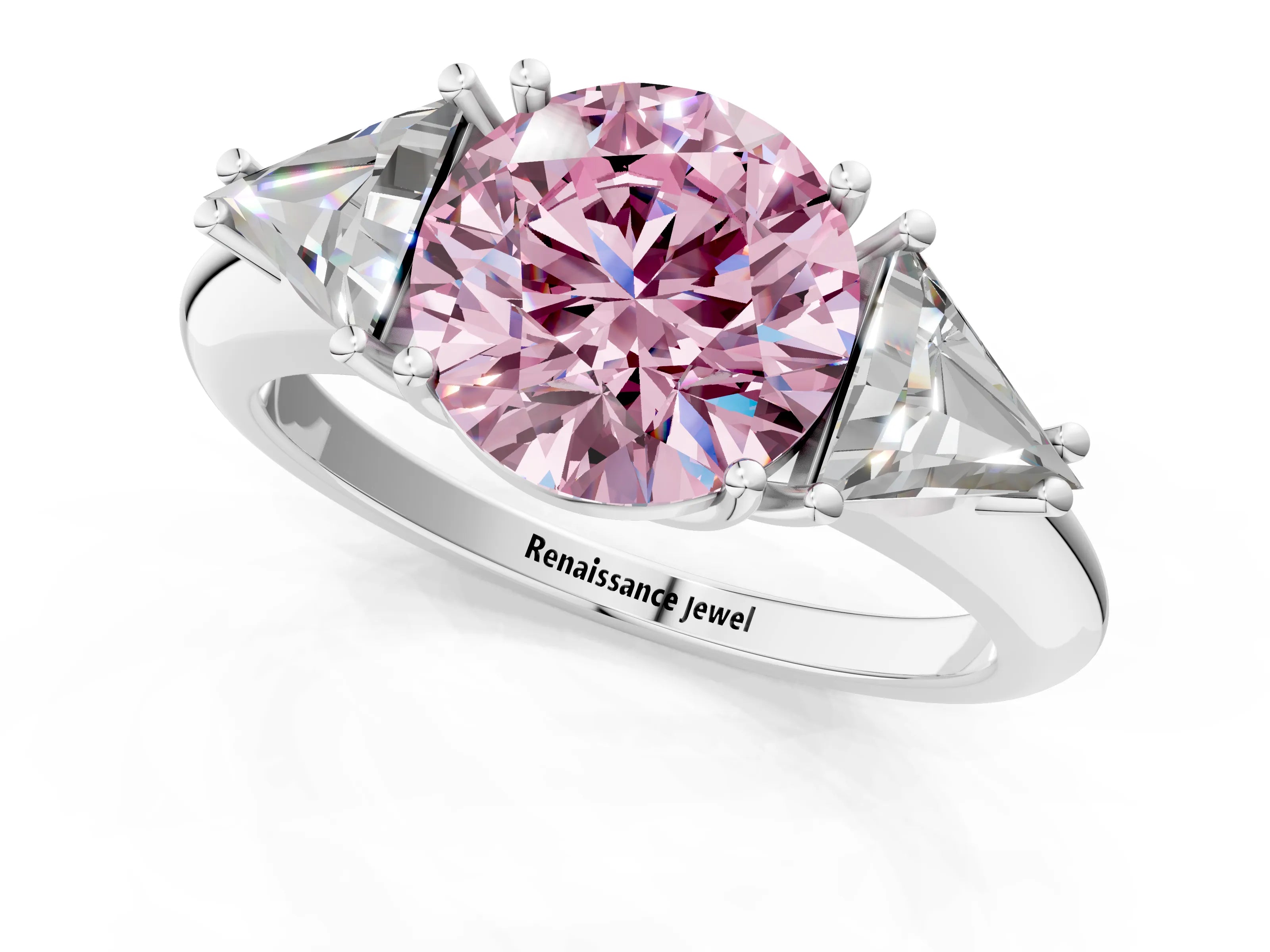 White gold Three-Stone Fancy Pink Round Cut Cut Diamond Ring with Trillion Side Stones and Four-Prong Setting_12