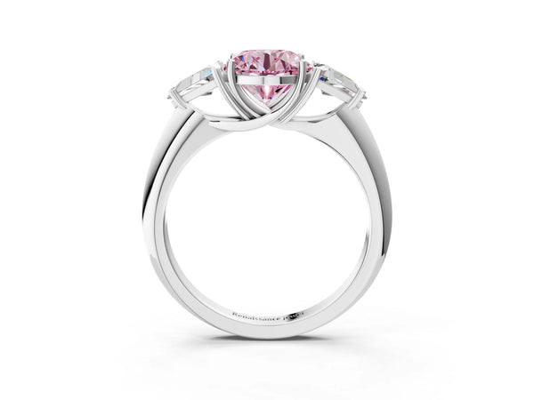 White gold Three-Stone Fancy Pink Round Cut Cut Diamond Ring with Trillion Side Stones and Four-Prong Setting