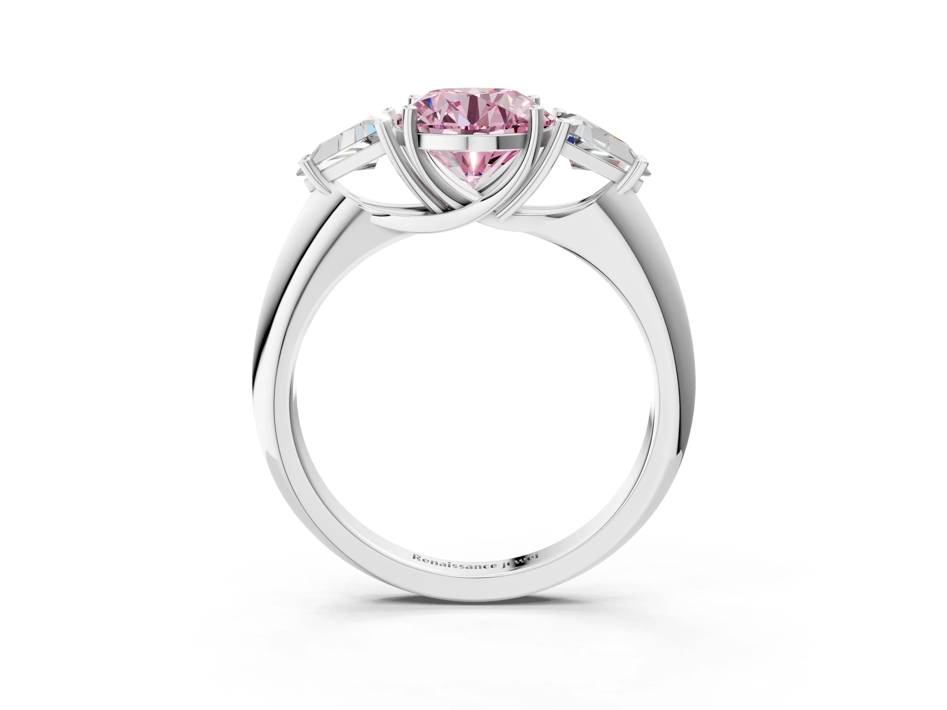 White gold Three-Stone Fancy Pink Round Cut Cut Diamond Ring with Trillion Side Stones and Four-Prong Setting_14