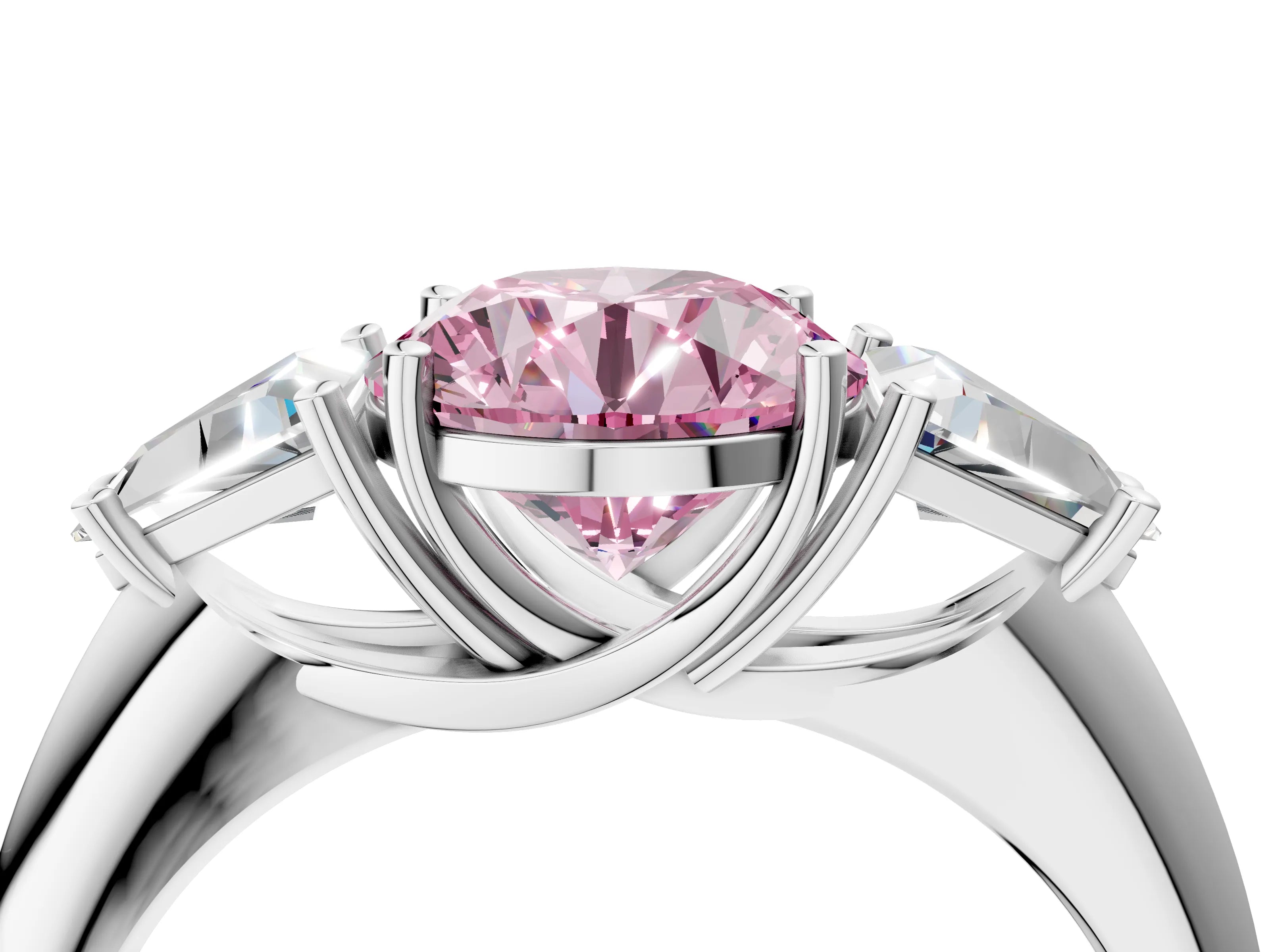 White gold Three-Stone Fancy Pink Round Cut Cut Diamond Ring with Trillion Side Stones and Four-Prong Setting_15